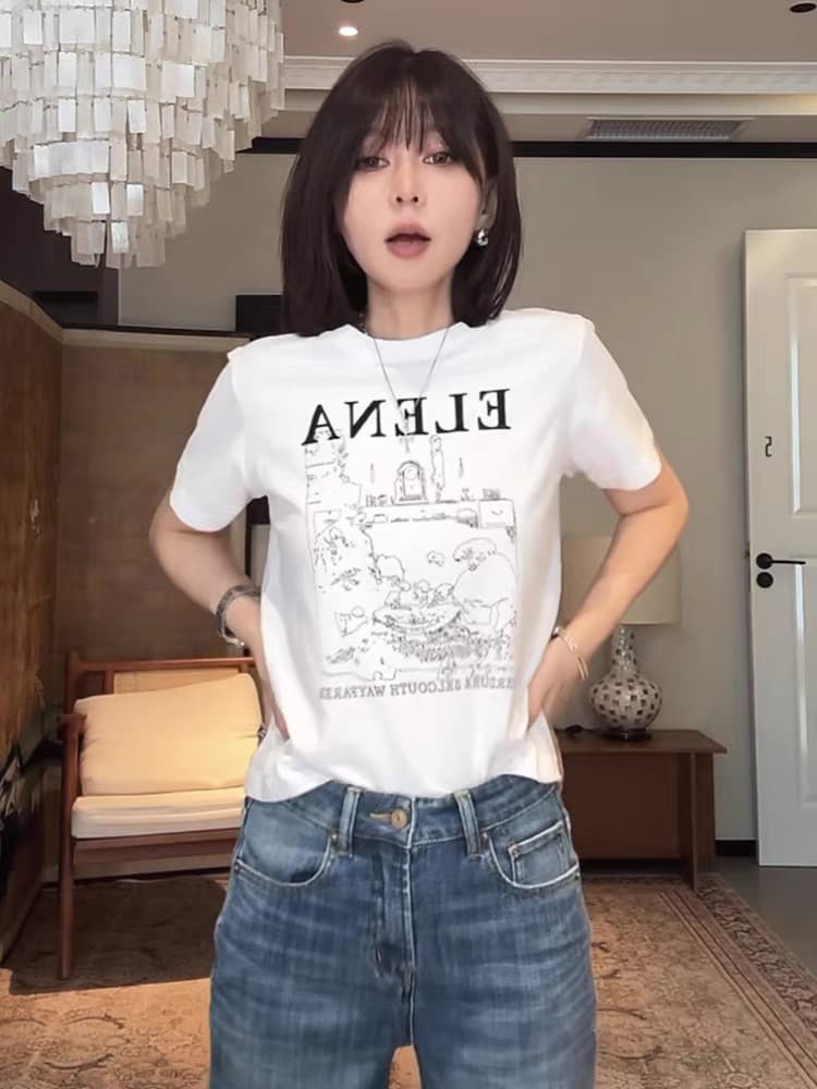 잉크 제인 영구하다 바람 아메리칸 미니멀리즘 다용도 슬림해 보이는 캐주얼 느긋한 바람 라운드 넥 티셔츠 여성 이미지 4