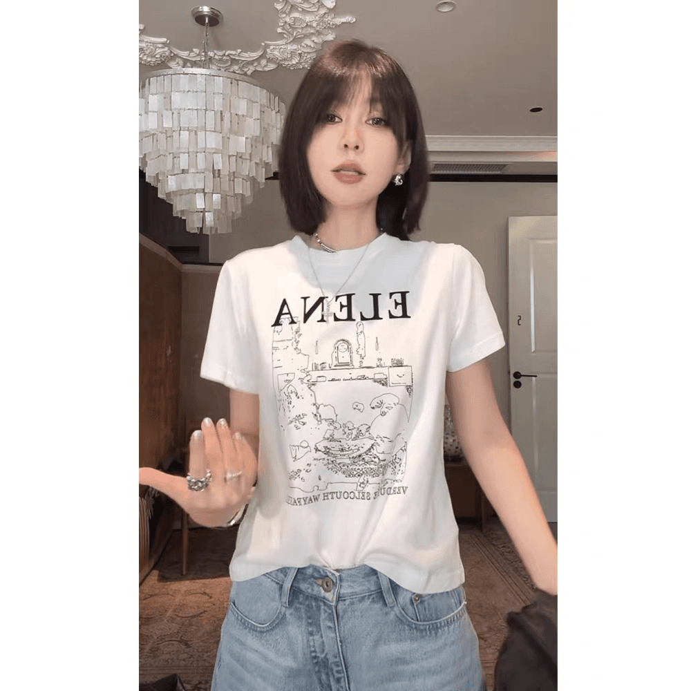 잉크 제인 영구하다 바람 아메리칸 미니멀리즘 다용도 슬림해 보이는 캐주얼 느긋한 바람 라운드 넥 티셔츠 여성 이미지 5
