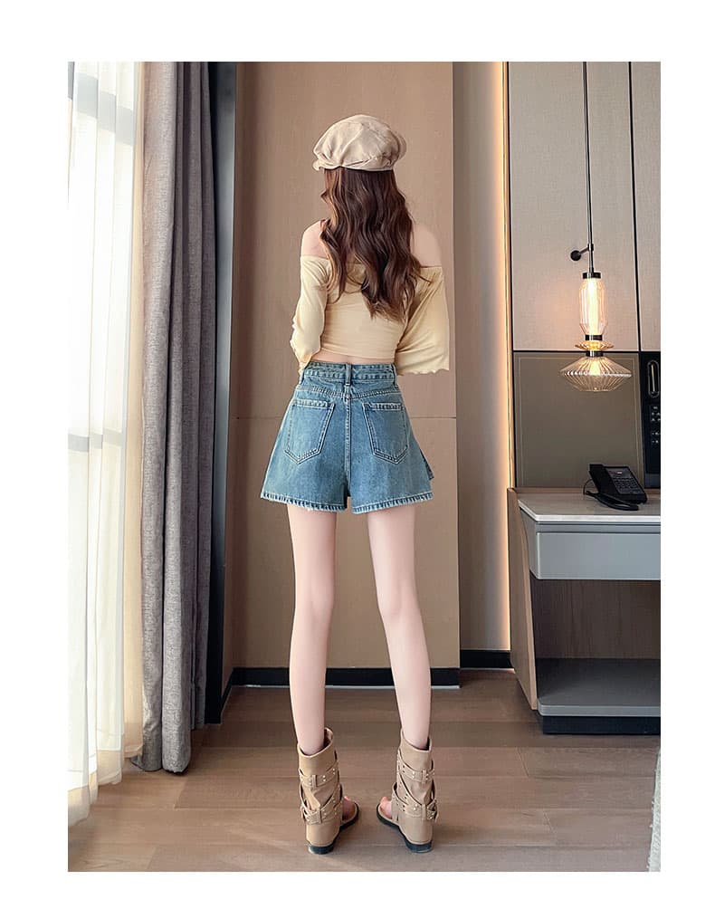 실사 페이크 레이어드 데님 짧은 치마바지 여성 여름 한 마디 하이웨이스트 불규칙 벨트 치마바지 작은 키 핫걸 바지 상세 이미지 19