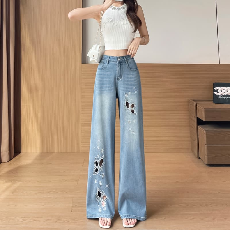 실사 홀로우 아웃 꽃 자수 스트레이트 청바지 여성 여름 얇은 스타일 루즈핏 하이웨이스트 슬림해 보이는 넓은 다리 9 포인트 바지 이미지 5
