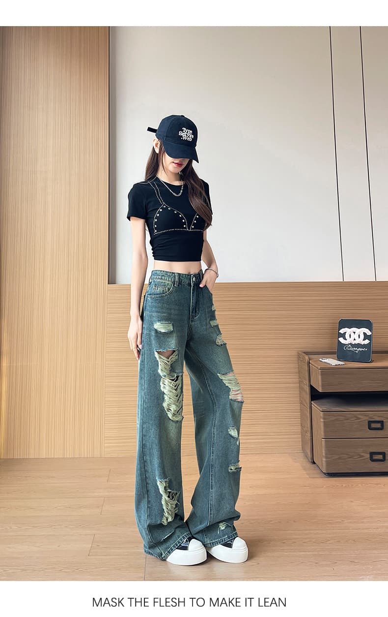 실사 여름 레트로 파란색 불모지 바람 넓은 다리 찢어진 부분 청바지 여성 디자인 센스 도루 센스 갈기 바닥 청소 바지 상세 이미지 11