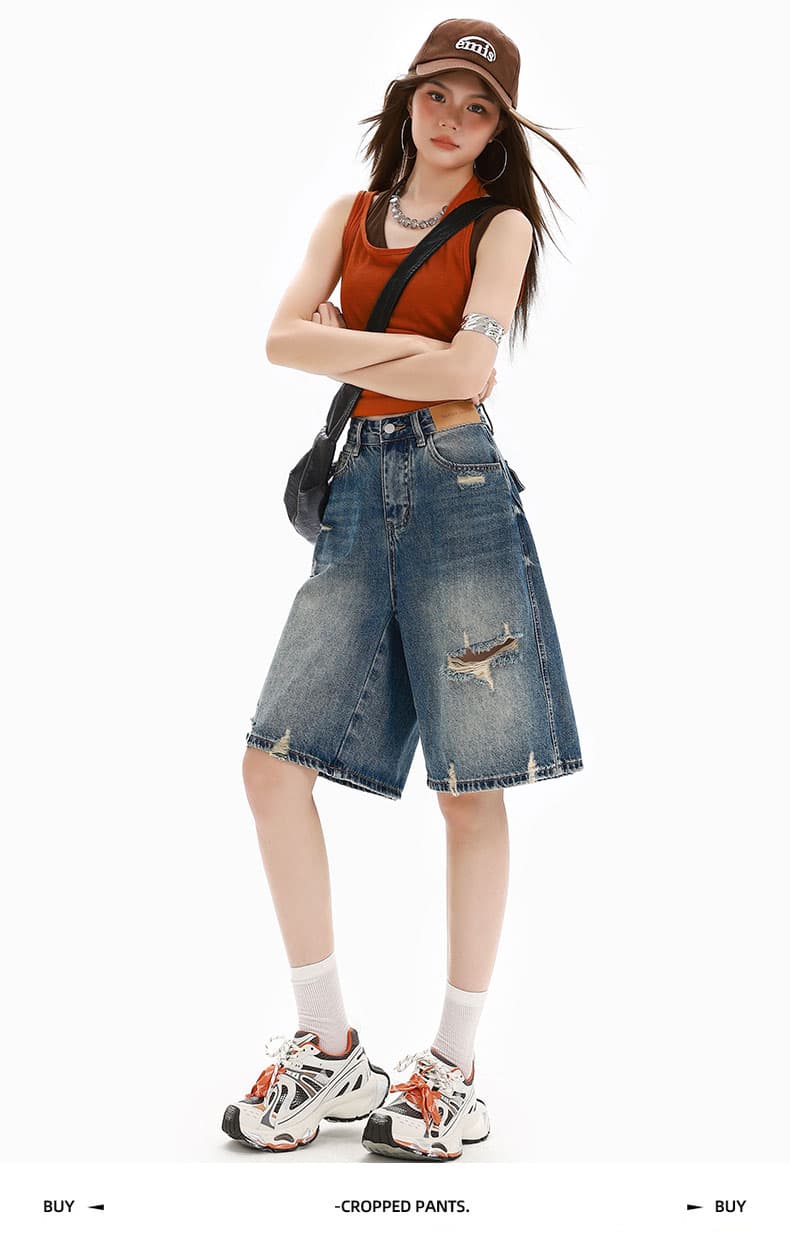 실사 파란색 반바지 오부 바지 루즈핏 청바지 여성 여름 외출용 와이드 레그 팬츠 바지 디자인 센스 바지 얇은 상세 이미지 22