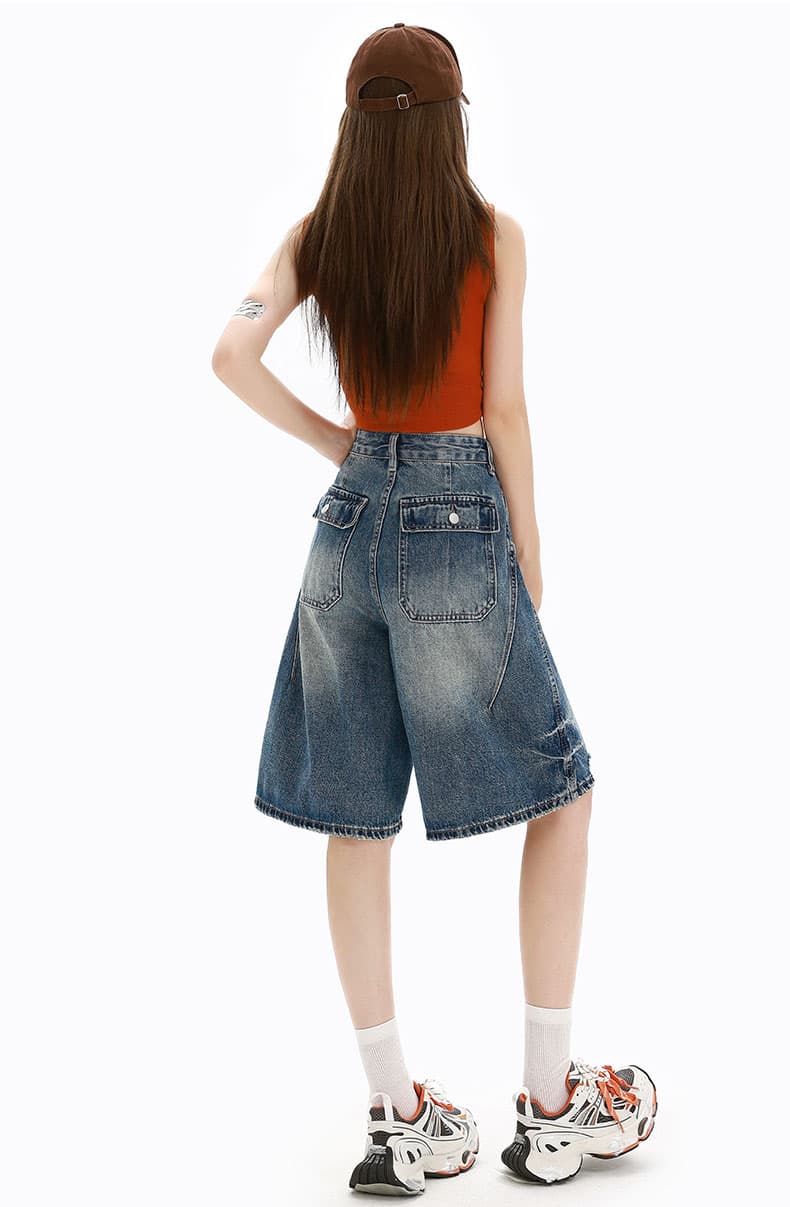 실사 파란색 반바지 오부 바지 루즈핏 청바지 여성 여름 외출용 와이드 레그 팬츠 바지 디자인 센스 바지 얇은 상세 이미지 24