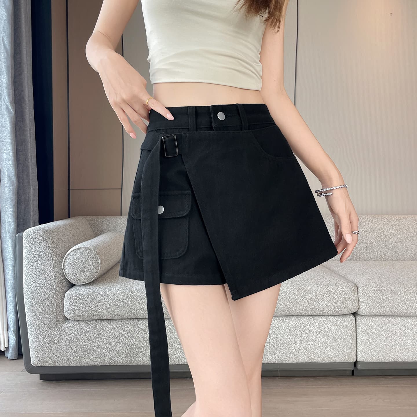실사 화이트 데님 치마바지 여성 하이웨이스트 여름 새로운 표지 배 표지 넓적 다리 노출 방지 슬림해 보이는 한 마디 반신 스커트 상세 이미지 18
