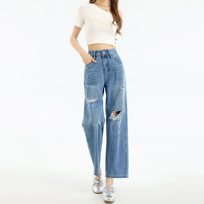 실사 아메리칸 블록 청바지 레트로 찢어진 부분 중 하이웨이스트 9 포인트 부츠컷 바지 여성 다용도 슬림해 보이는 갈기 바지 이미지 4