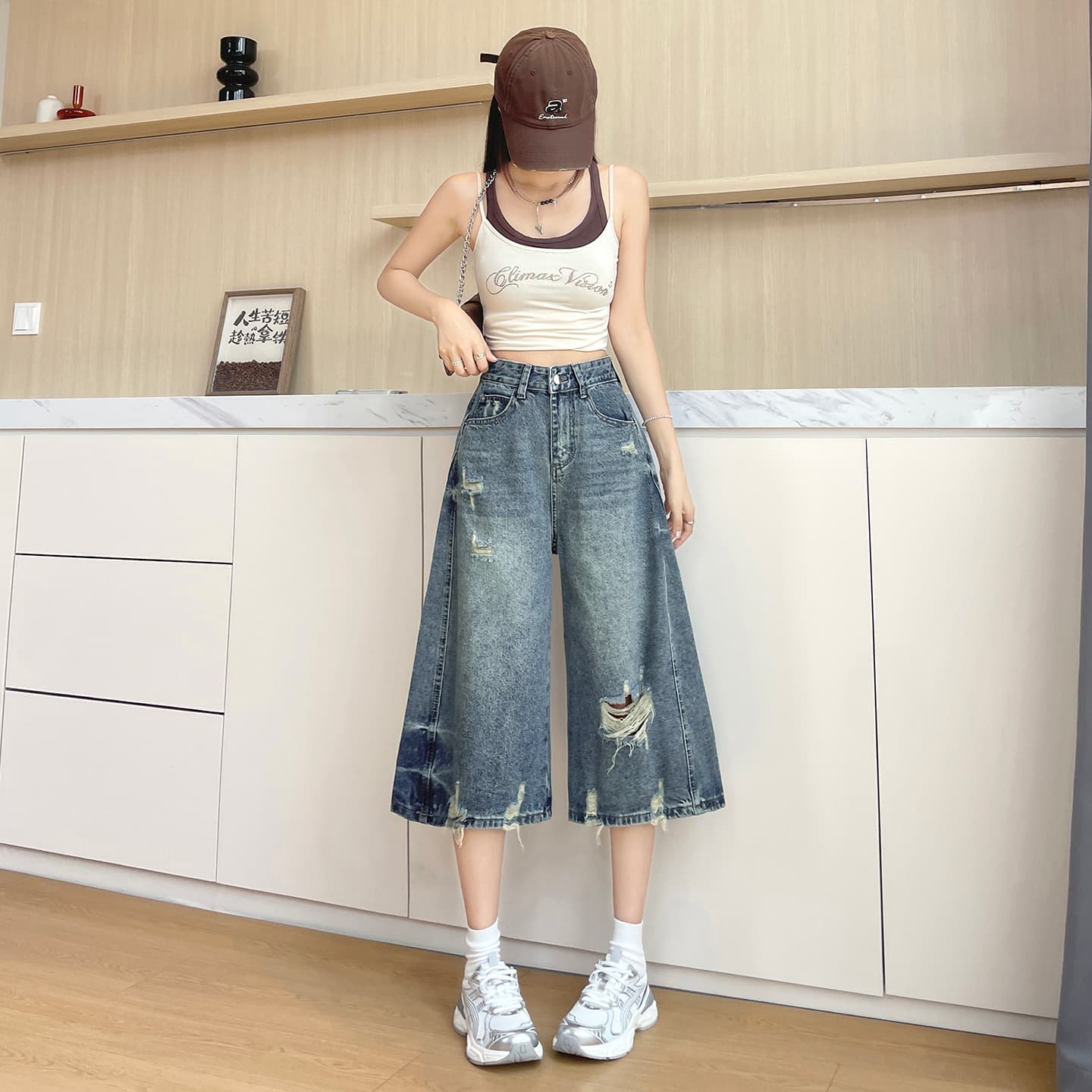 실사 아메리칸 7 점 파란색 청바지 2026 새로운 높음 거리 작은 키 스트레이트 캐주얼 5 점 중 반바지 여성 이미지 2