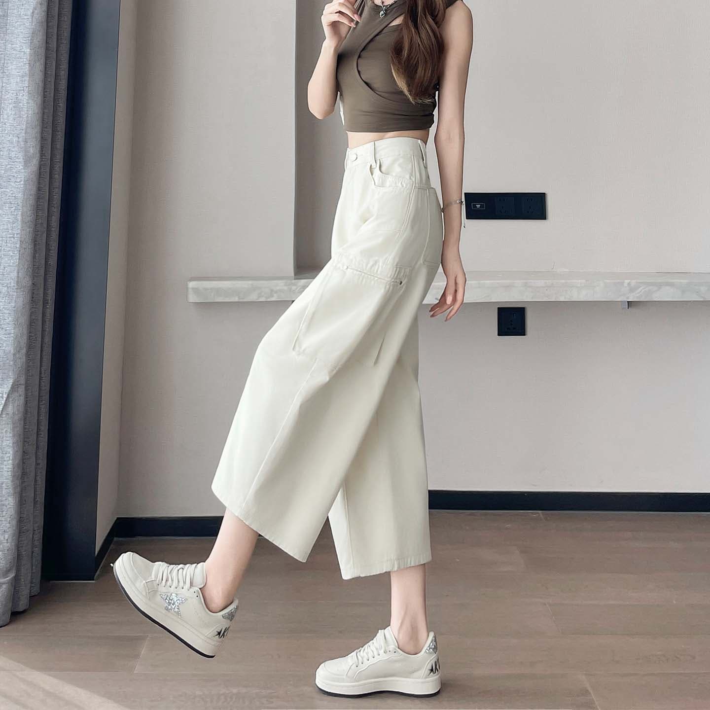 실사 아메리칸 화이트 넓은 다리 캐주얼 바지 여성 여름 얇은 스타일 8 점 작은 키 슬림해 보이는 할란 워시 유압 로드 중 바지 이미지 6