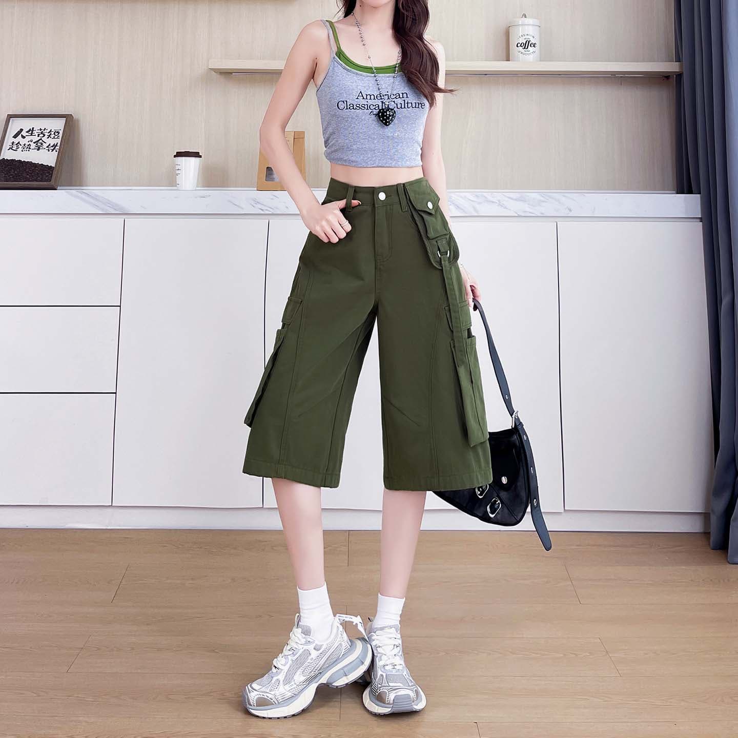 실사 육군 녹색 워크웨어 넓은 다리 청바지 여성 2026 여름 얇은 스타일 하이웨이스트 슬림해 보이는 루즈핏 스트레이트 6 점 바지 상세 이미지 15