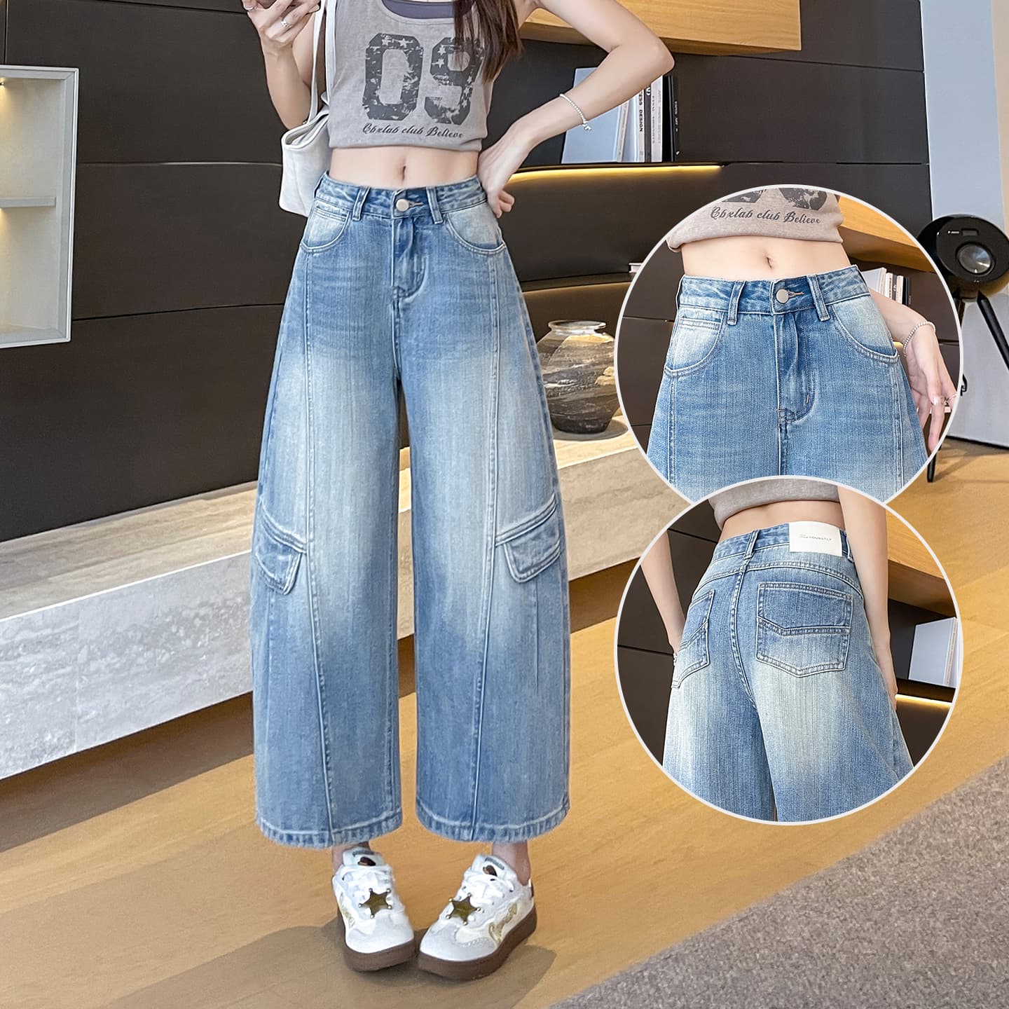 실사 아메리칸 레트로 주머니 워크웨어 8 점 반바지 여성 2026 봄 여름 새로운 루즈핏 스트레이트 바지 와이드 레그 팬츠 이미지 3