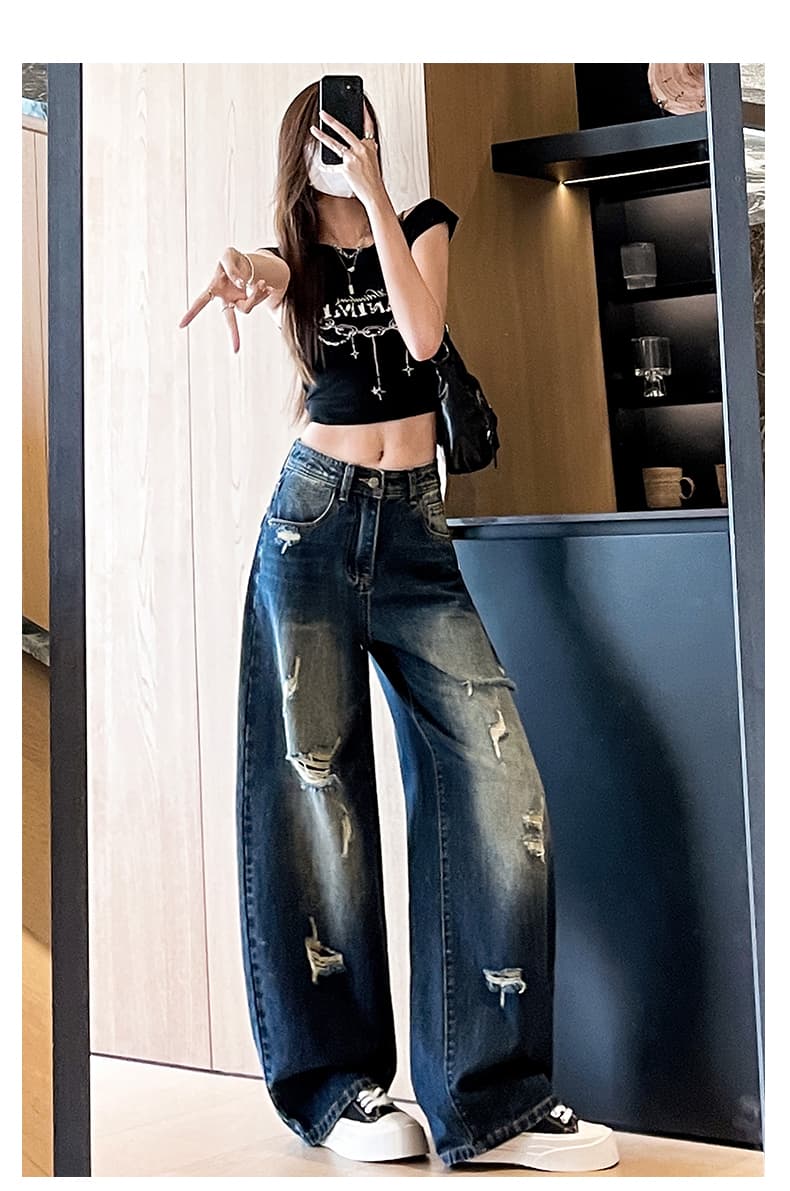 실사 아메리칸 디자인 센스 넓은 다리 청바지 2026 여름 새로운 하이웨이스트 슬림해 보이는 느슨함 센스 바닥 청소 모통이 칼 바지 상세 이미지 18