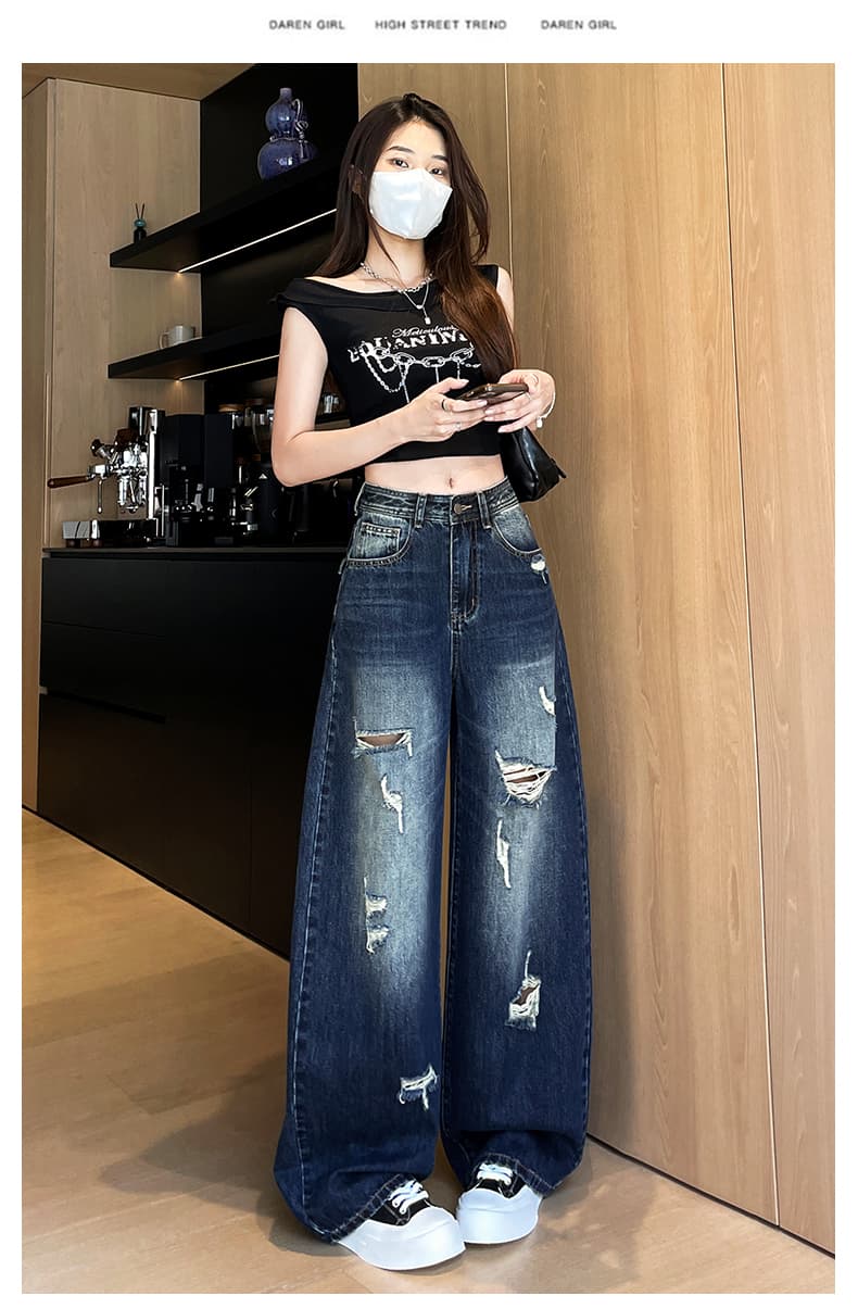 실사 아메리칸 디자인 센스 넓은 다리 청바지 2026 여름 새로운 하이웨이스트 슬림해 보이는 느슨함 센스 바닥 청소 모통이 칼 바지 상세 이미지 19