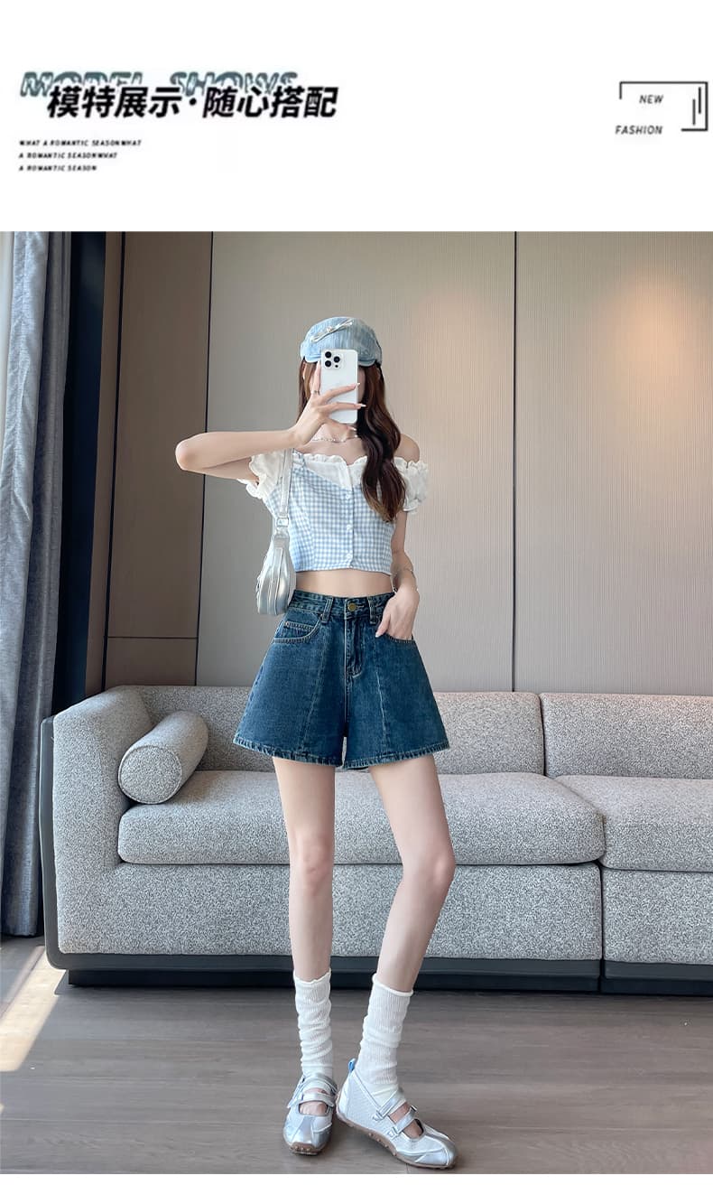 실사 미니멀리즘 파란색 데님 반바지 여성 2026 여름 얇은 스타일 3 차원 패치워크 한 마디 넓은 다리 다용도 표지 넓적 다리 핫 바지 상세 이미지 8