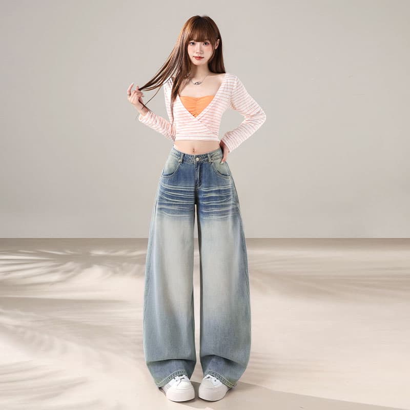 실사 아메리칸 레트로 넓은 다리 모통이 칼 청바지 여성 2026 가을 새로운 로우 웨이스트 루즈핏 도루 센스 바닥 청소 바지 이미지 2