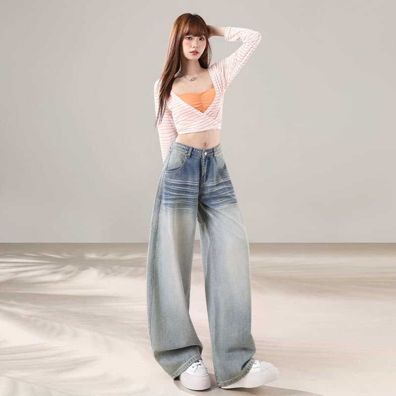 실사 아메리칸 레트로 넓은 다리 모통이 칼 청바지 여성 2026 가을 새로운 로우 웨이스트 루즈핏 도루 센스 바닥 청소 바지 이미지 3