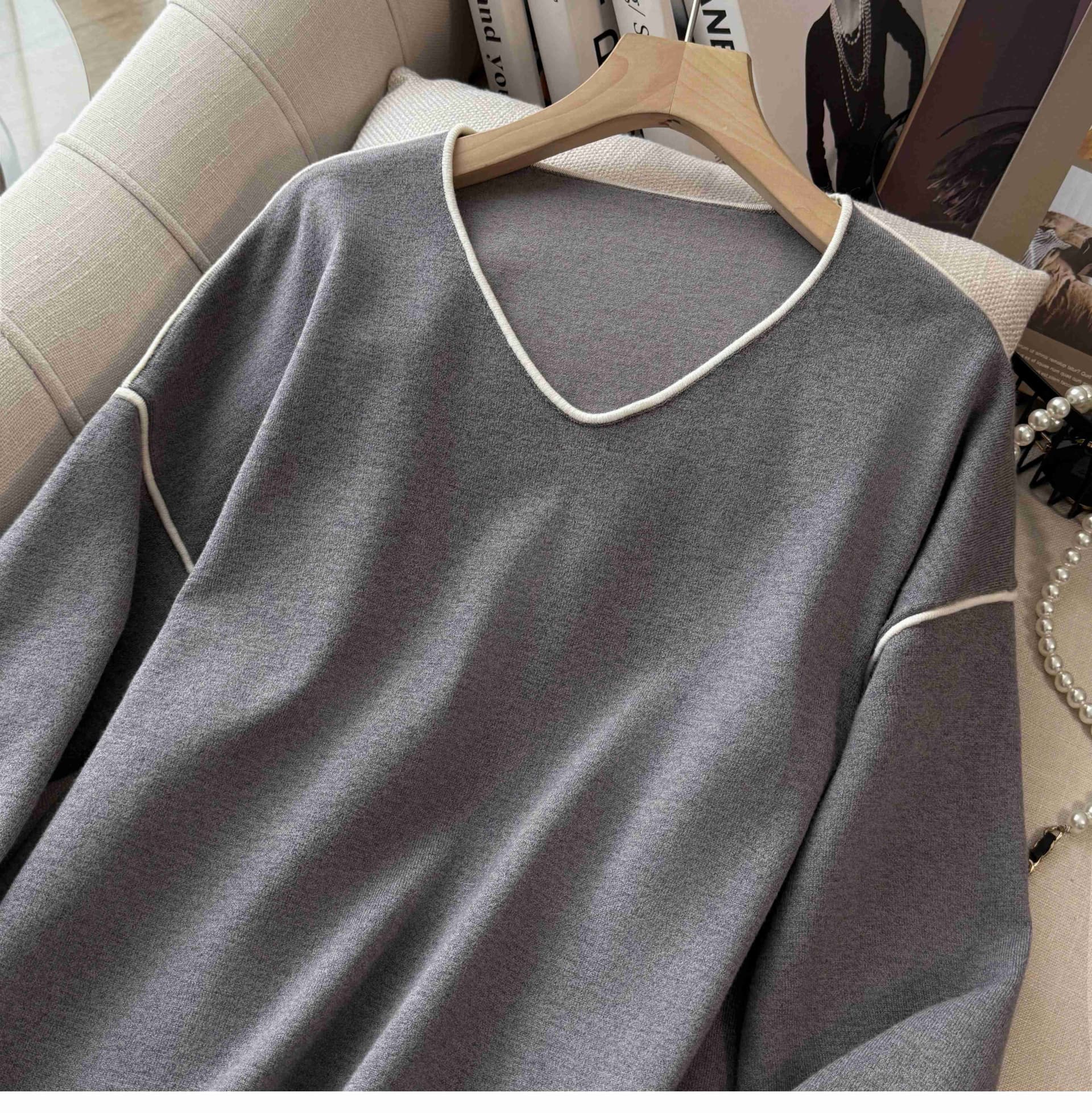 한국 스타일 미니멀리즘 니트 세트 가을 새로운 다용도 느긋한 배색 라인 디자인 스웨터 긴 바지 두 조각 여성 세트 상세 이미지 27