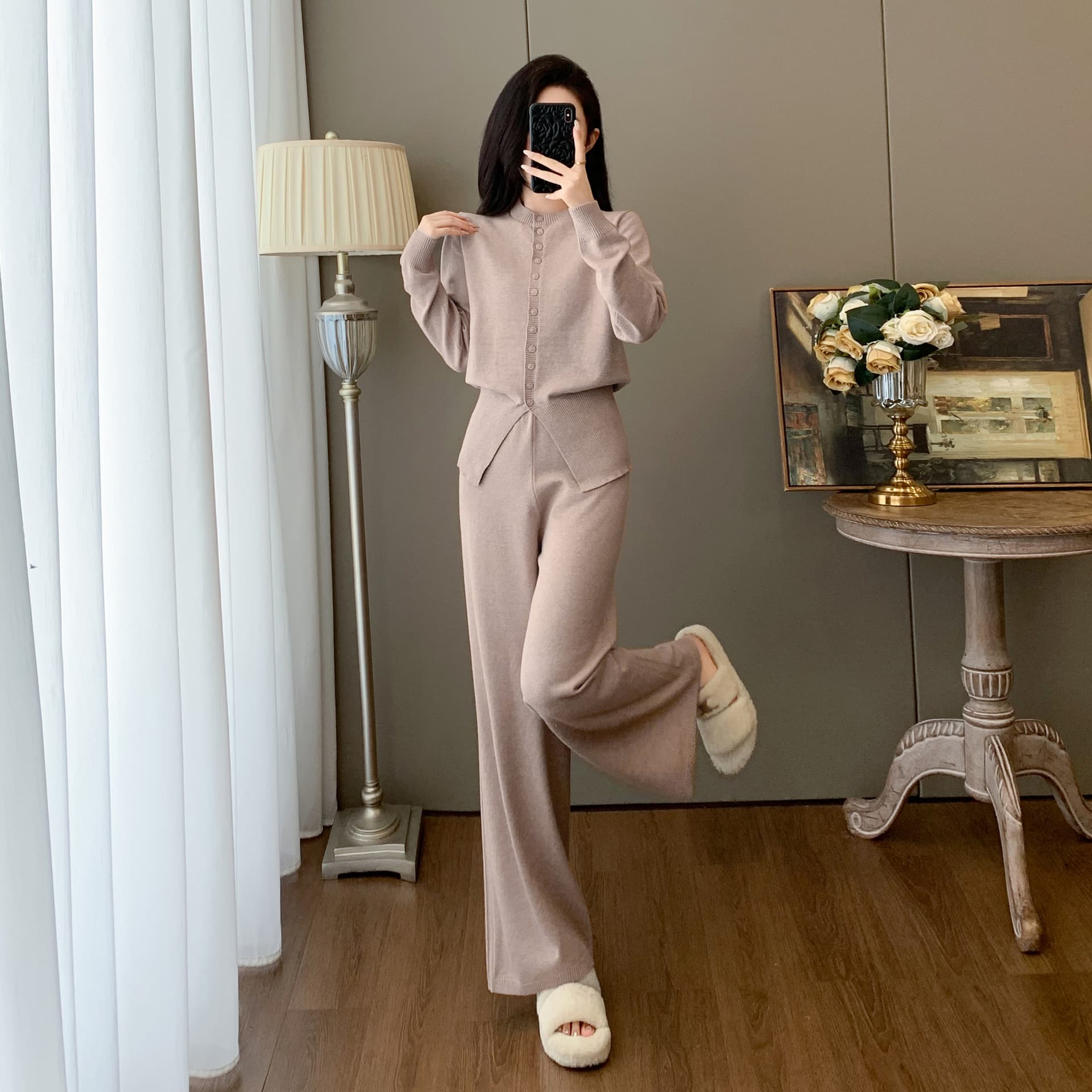 프랑스식 우아한 럭셔리 가을 새로운 품격 고급 센스 착용 가져 가라. 투피스 세트 다용도 출퇴근 니트 맨위 와이드 레깅스 바지 이미지 4