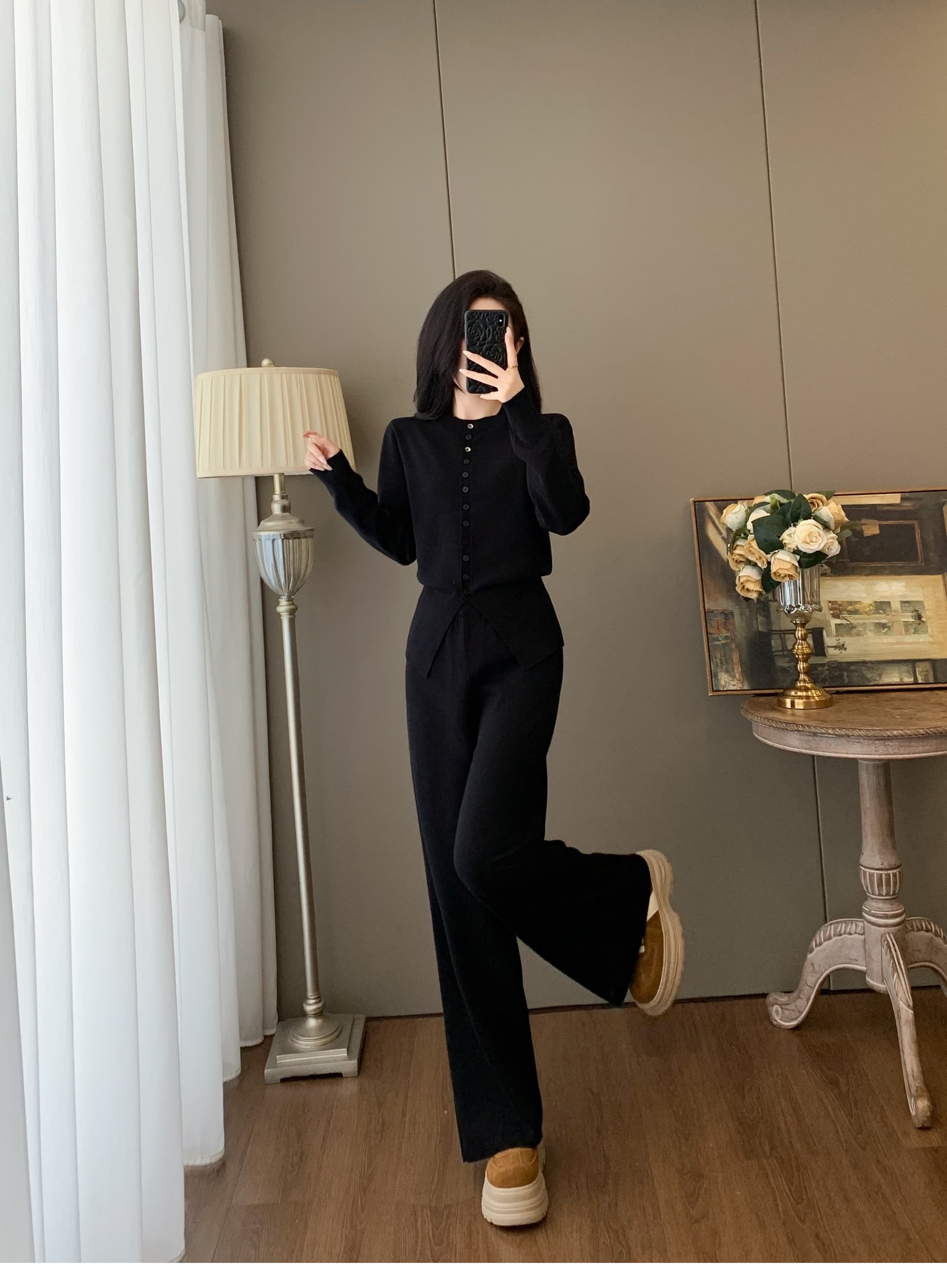 프랑스식 우아한 럭셔리 가을 새로운 품격 고급 센스 착용 가져 가라. 투피스 세트 다용도 출퇴근 니트 맨위 와이드 레깅스 바지 상세 이미지 5