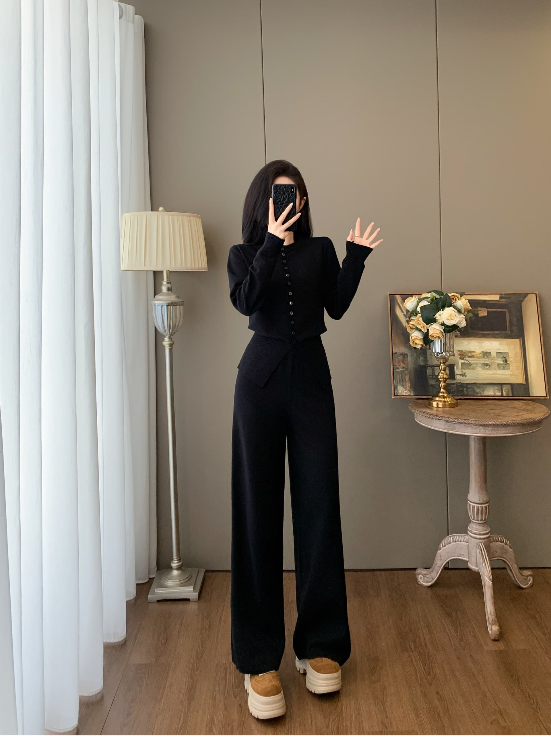 프랑스식 우아한 럭셔리 가을 새로운 품격 고급 센스 착용 가져 가라. 투피스 세트 다용도 출퇴근 니트 맨위 와이드 레깅스 바지 상세 이미지 7