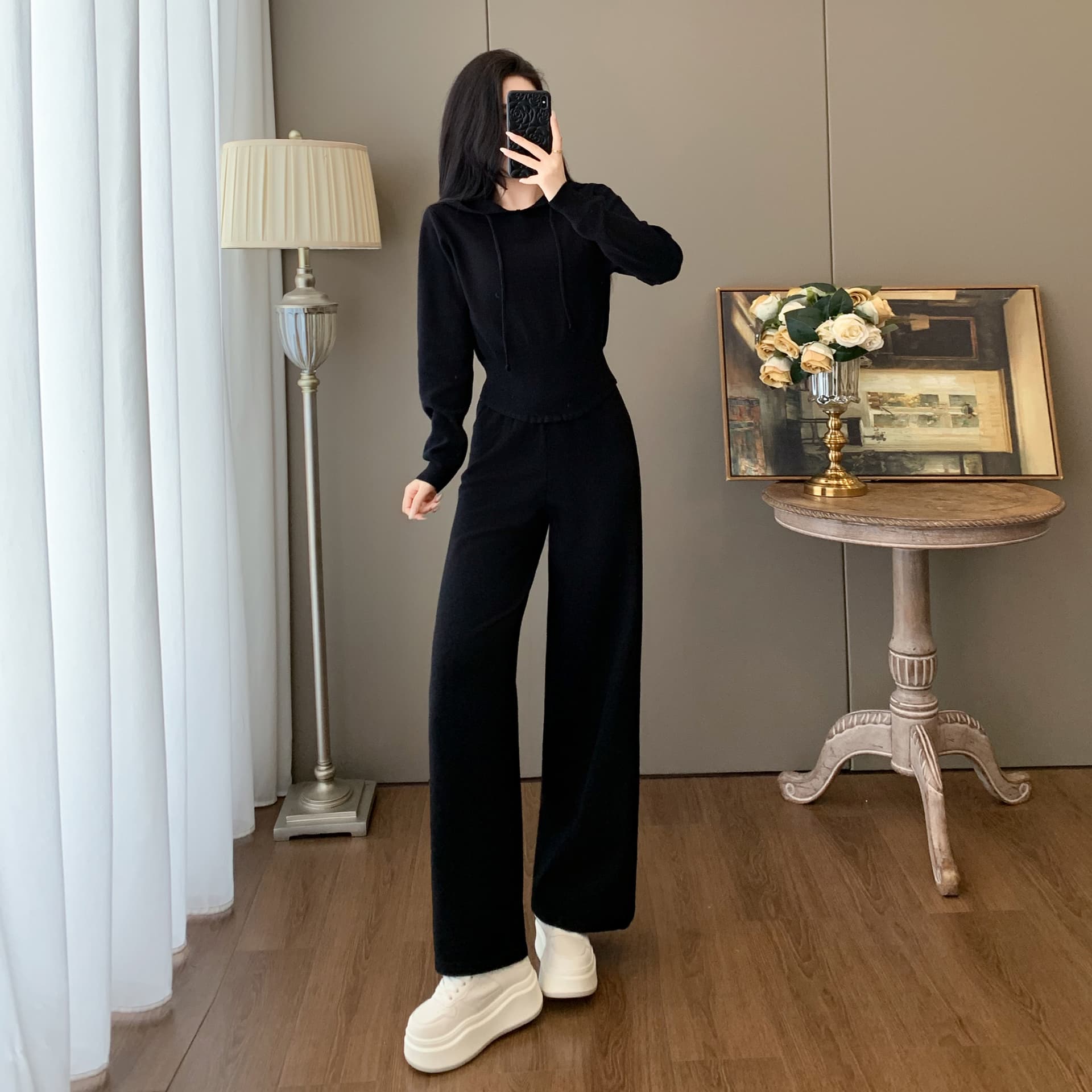 핫걸 튀김 거리 쇼트 스타일 후드 니트 스웨터 세트 가을 새로운 캐주얼 다용도 품격 와이드 레그 팬츠 두 조각 여성 세트 이미지 3