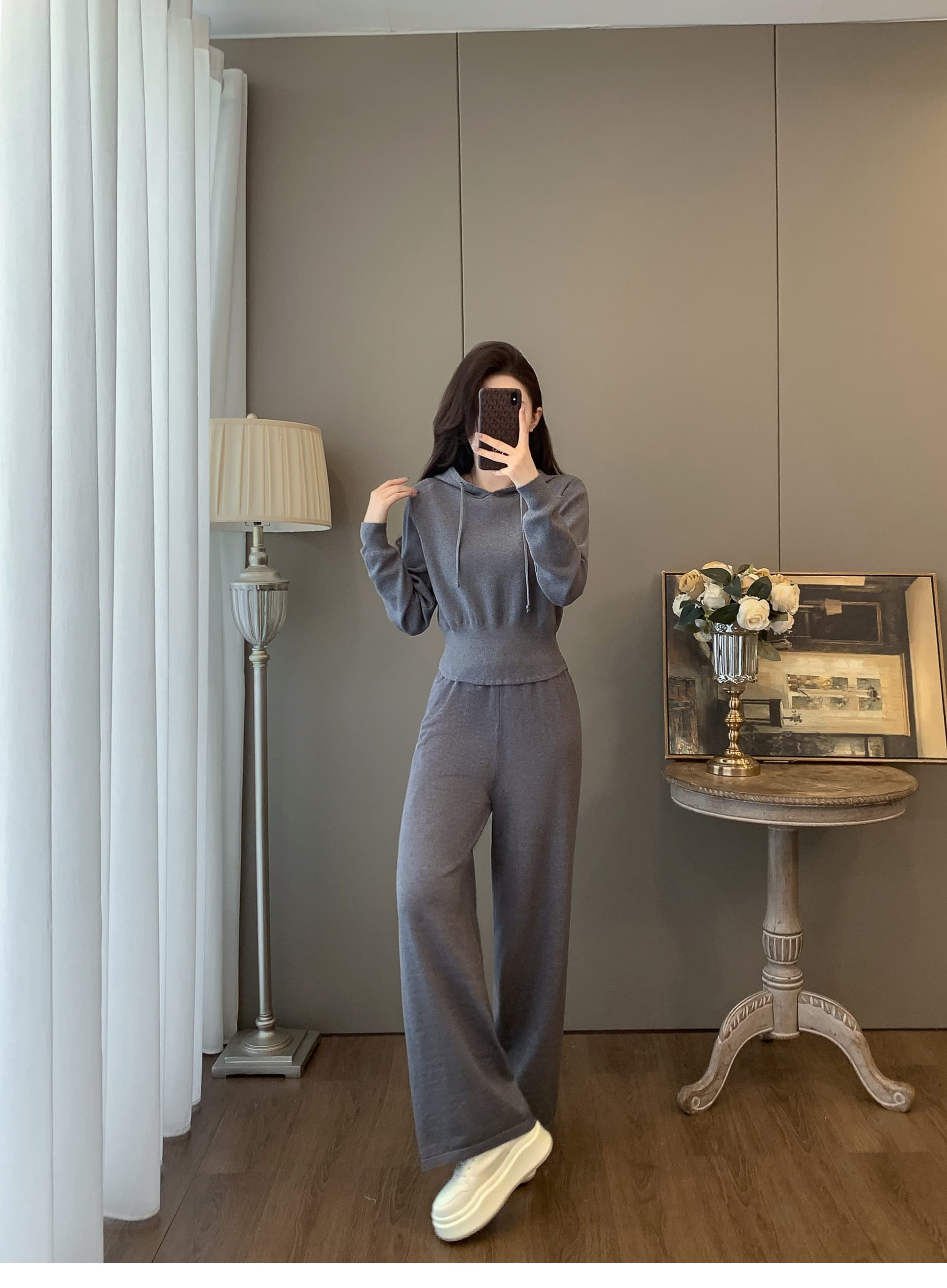 핫걸 튀김 거리 쇼트 스타일 후드 니트 스웨터 세트 가을 새로운 캐주얼 다용도 품격 와이드 레그 팬츠 두 조각 여성 세트 상세 이미지 15