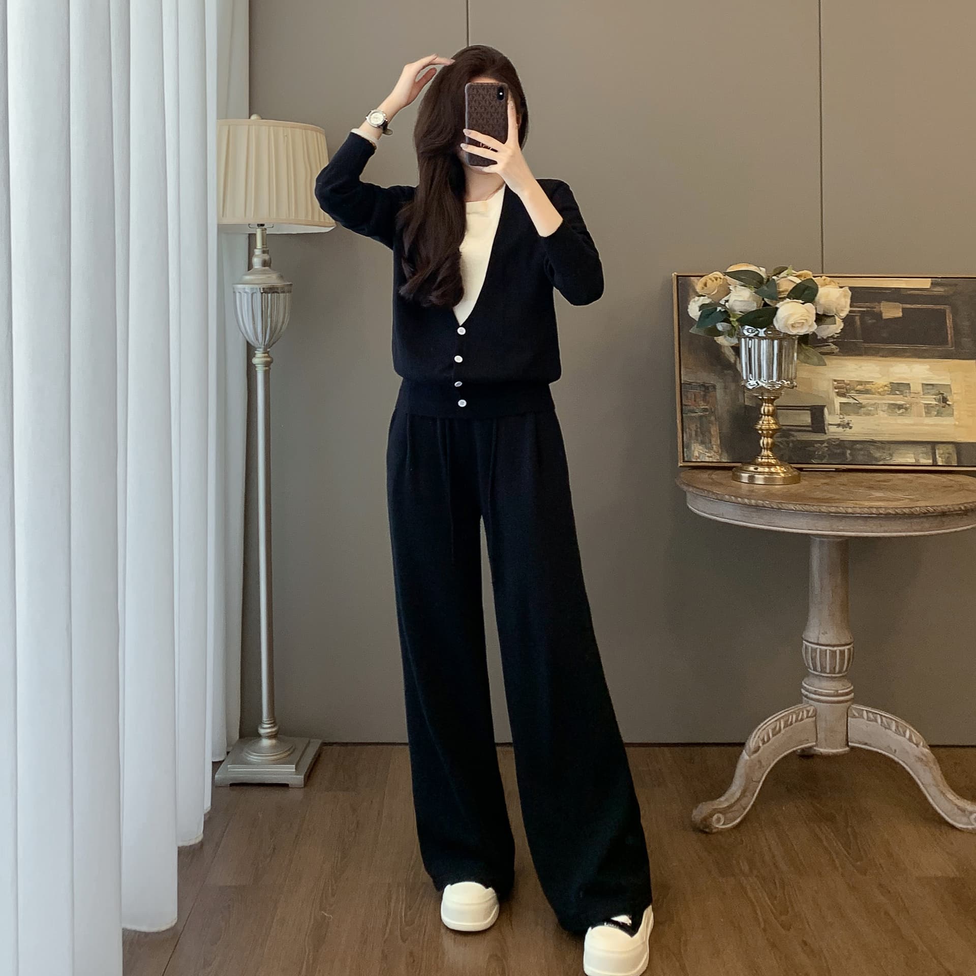느긋한 바람 레트로 페이크 레이어드 오픈 가디건 스웨터 세트 가을 겨울 새로운 캐주얼 튀김 거리 와이드 레그 팬츠 니트 투피스 세트 이미지 3