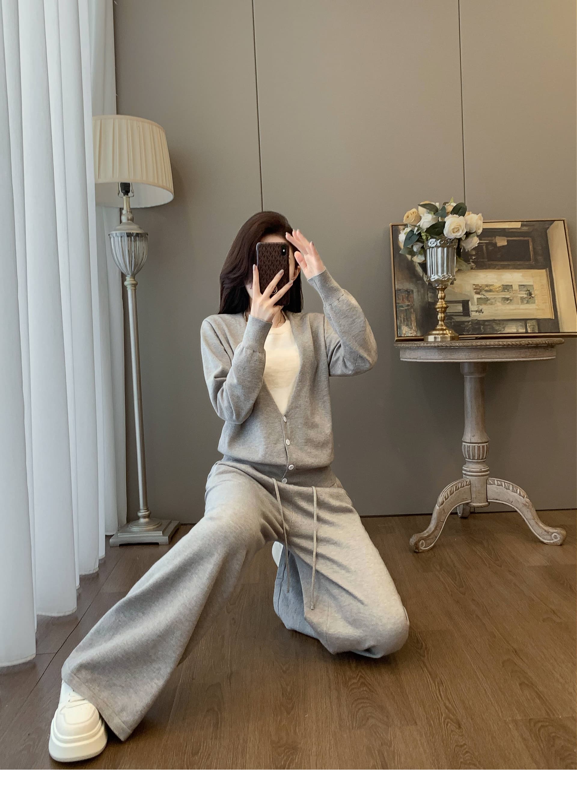 느긋한 바람 레트로 페이크 레이어드 오픈 가디건 스웨터 세트 가을 겨울 새로운 캐주얼 튀김 거리 와이드 레그 팬츠 니트 투피스 세트 상세 이미지 23