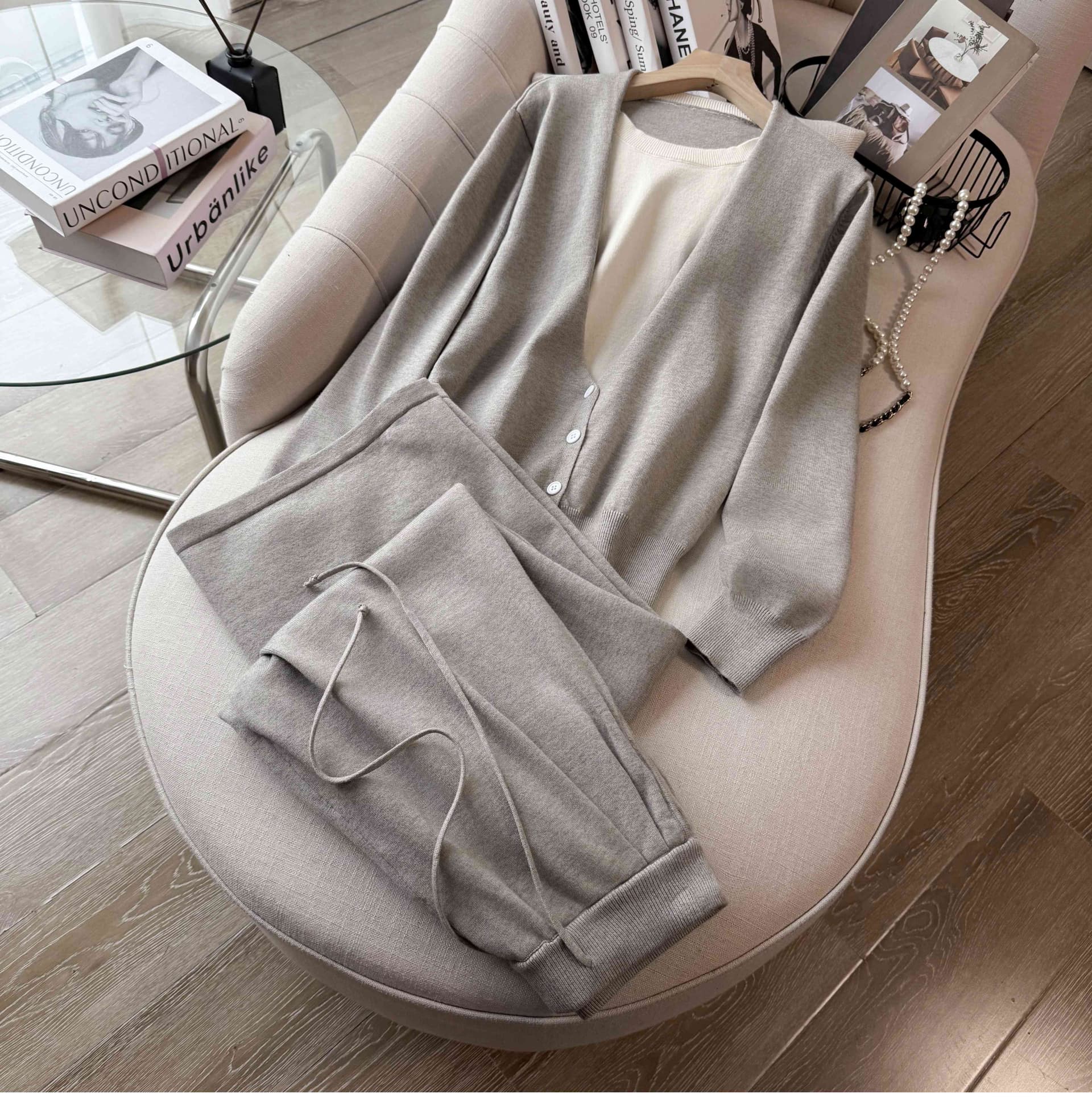 느긋한 바람 레트로 페이크 레이어드 오픈 가디건 스웨터 세트 가을 겨울 새로운 캐주얼 튀김 거리 와이드 레그 팬츠 니트 투피스 세트 상세 이미지 41