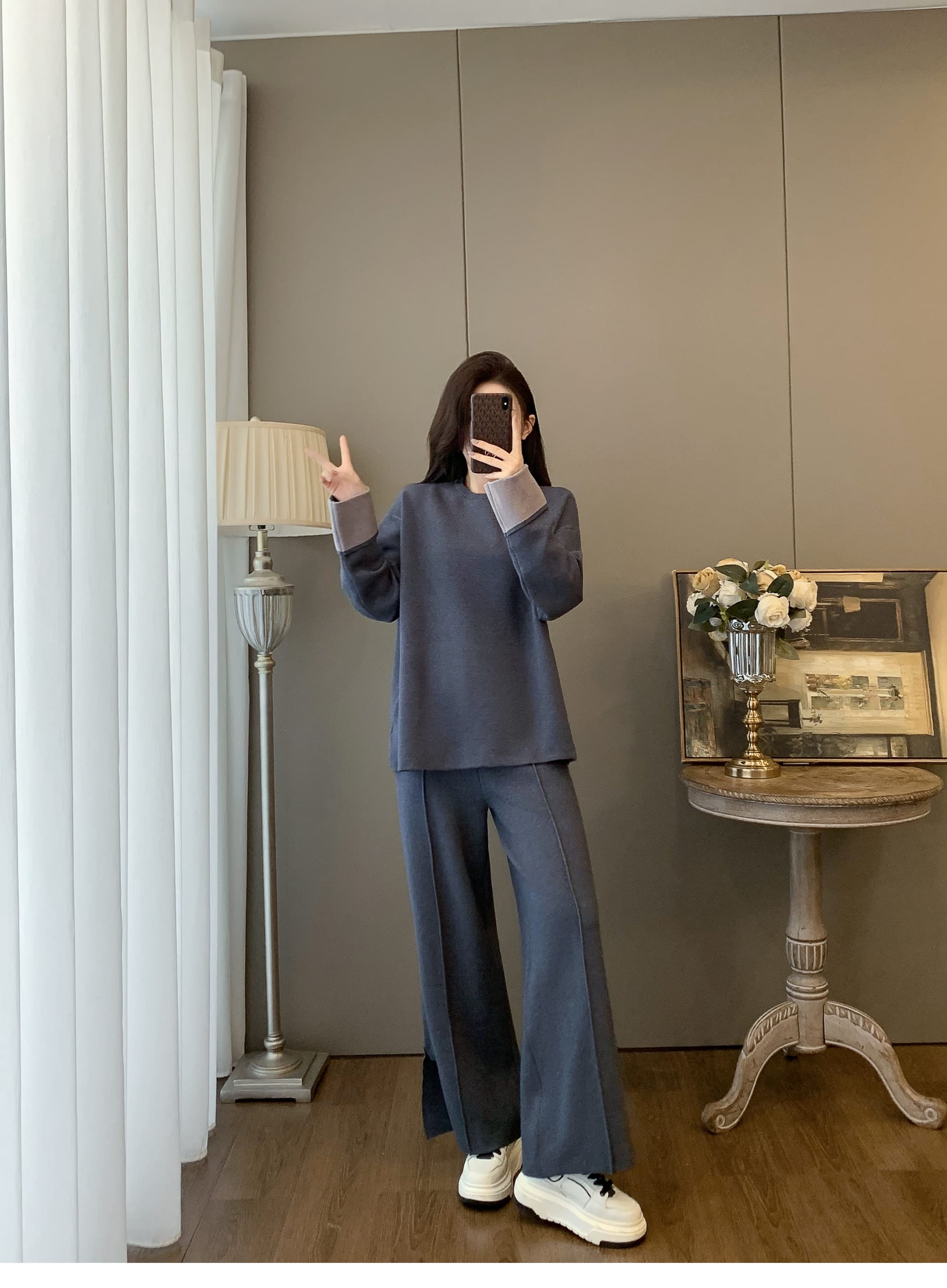 느긋한 바람 느슨함 센스 가을 새로운 고급 부드러운 부서 니트 착용 가져 가라. 게으른 캐주얼 와이드 레그 팬츠 세트 여성 상세 이미지 5