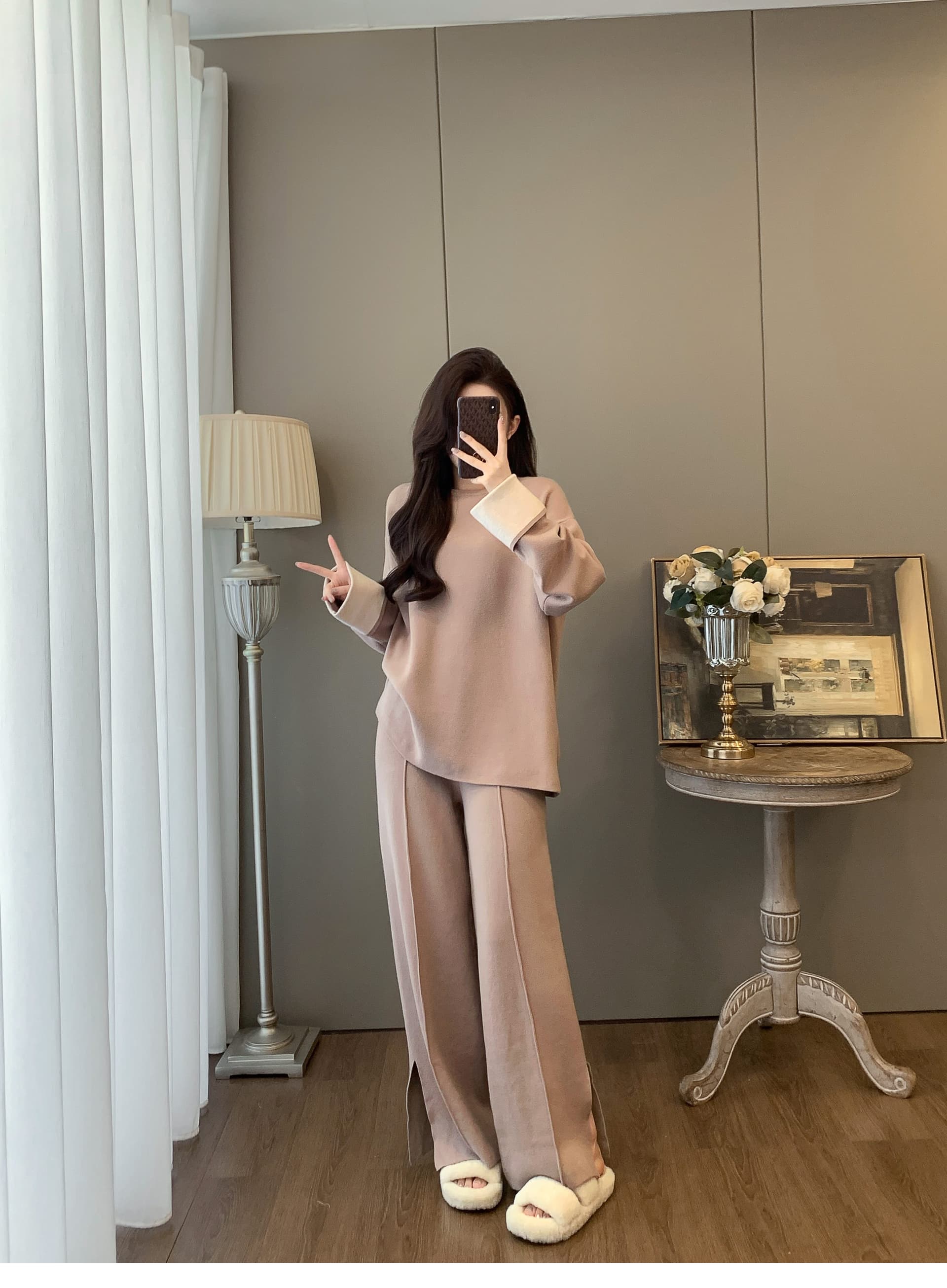 느긋한 바람 느슨함 센스 가을 새로운 고급 부드러운 부서 니트 착용 가져 가라. 게으른 캐주얼 와이드 레그 팬츠 세트 여성 상세 이미지 18