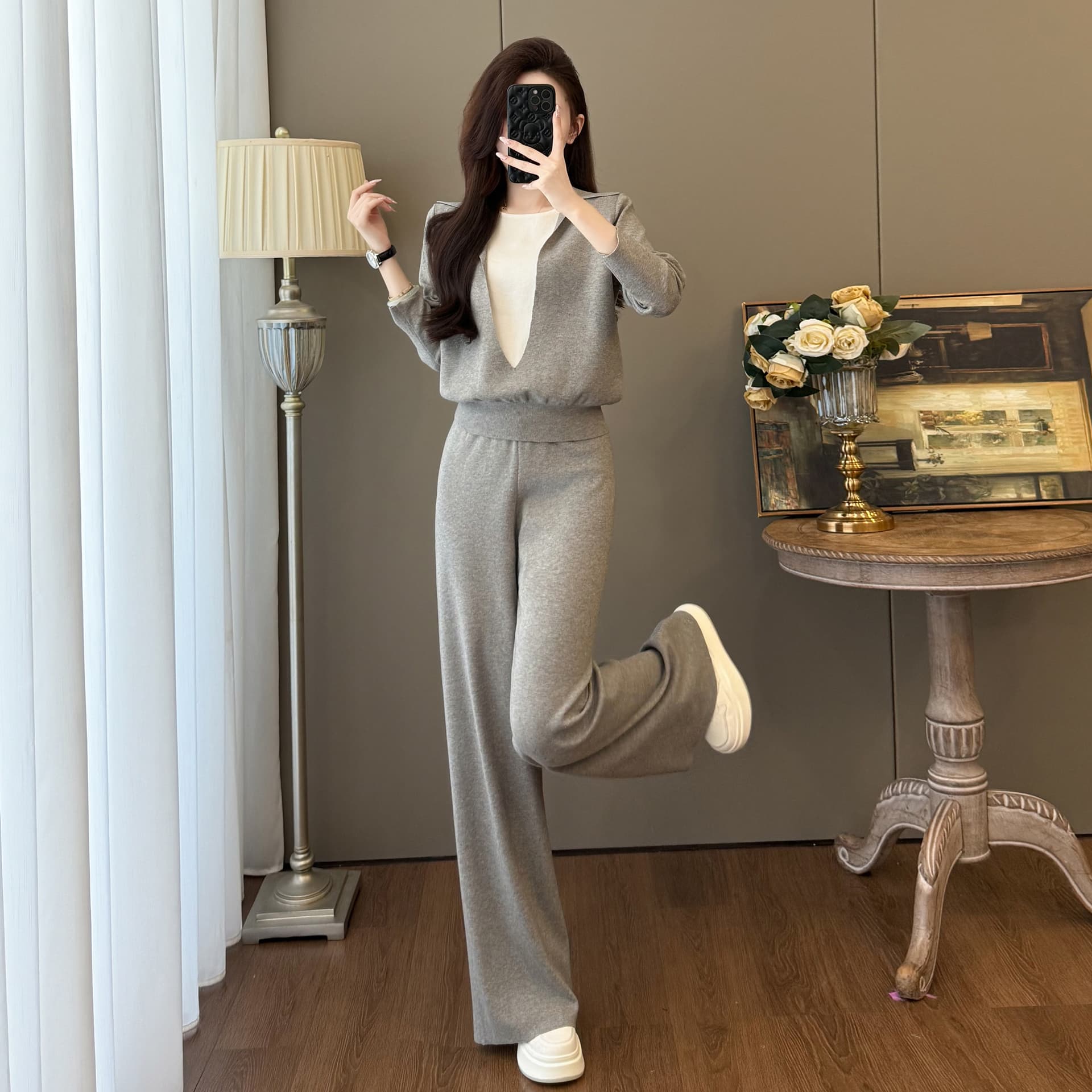 이른 가을 한 부서 페이크 레이어드 긴팔 니트 스웨터 세트 가을 새로운 패션 외국 가스 허리 수축 출퇴근 두 조각 여성 세트 이미지 4