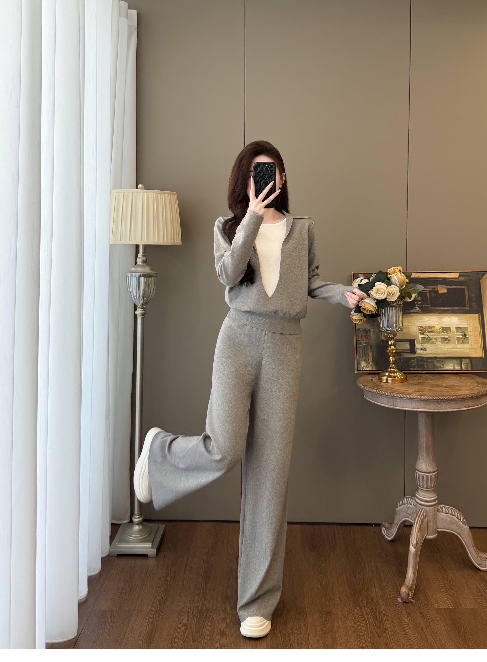 이른 가을 한 부서 페이크 레이어드 긴팔 니트 스웨터 세트 가을 새로운 패션 외국 가스 허리 수축 출퇴근 두 조각 여성 세트 상세 이미지 17