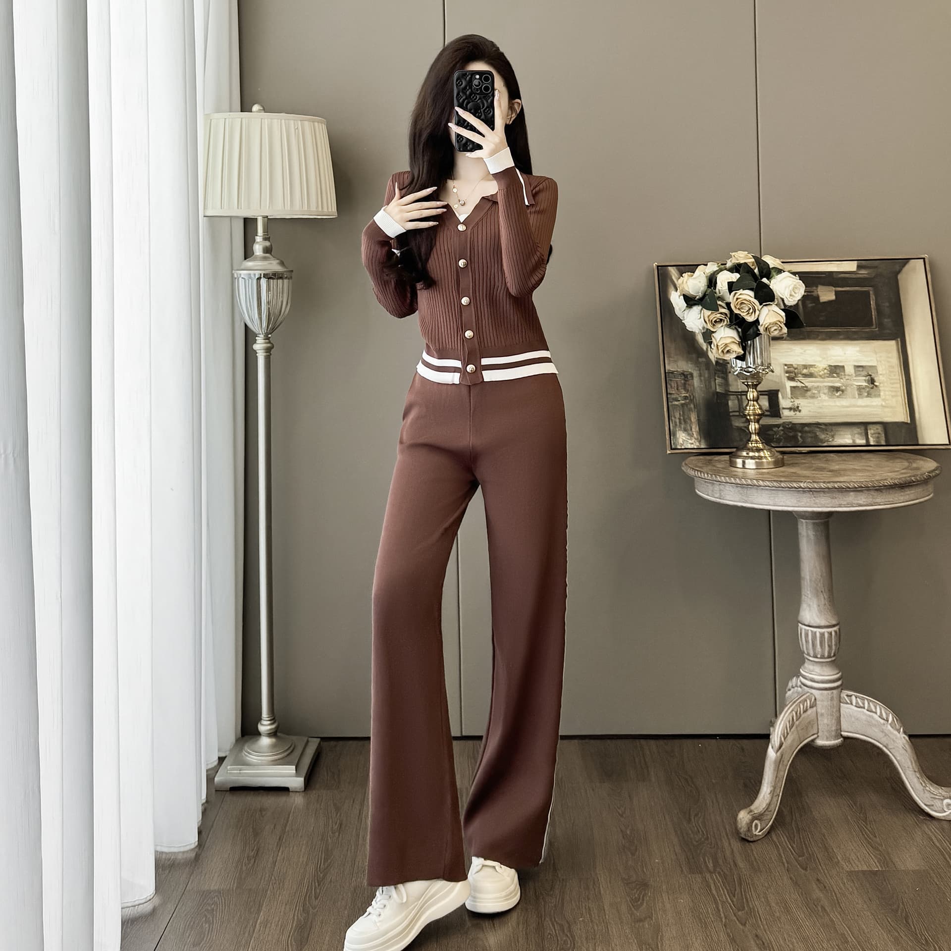 항구 바람 작은 대중 노스탤지어 디자인 패션 세트 가을 새로운 캐주얼 오픈 가디건 긍정적 인 어깨 의류 와이드 레그 팬츠 투피스 세트 이미지 4