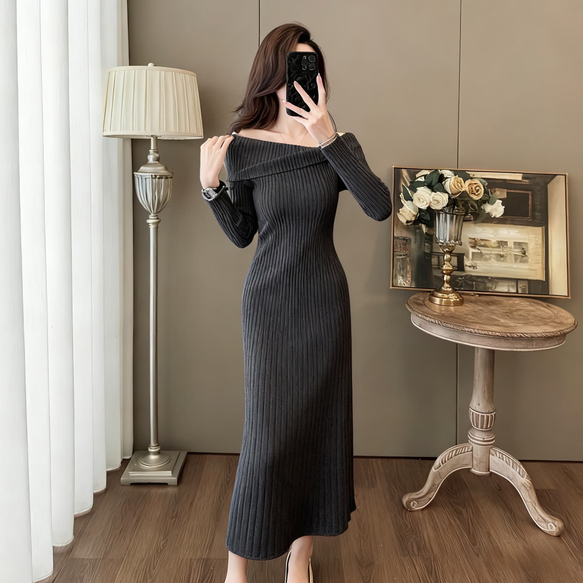 프랑스식 니트 드레스 가을 겨울 오프숄더 보트넥 꽃 핀치 Pleat 슬림해 보이는 품격 우아함 바람 디자인 센스 롱 스커트 이미지 3