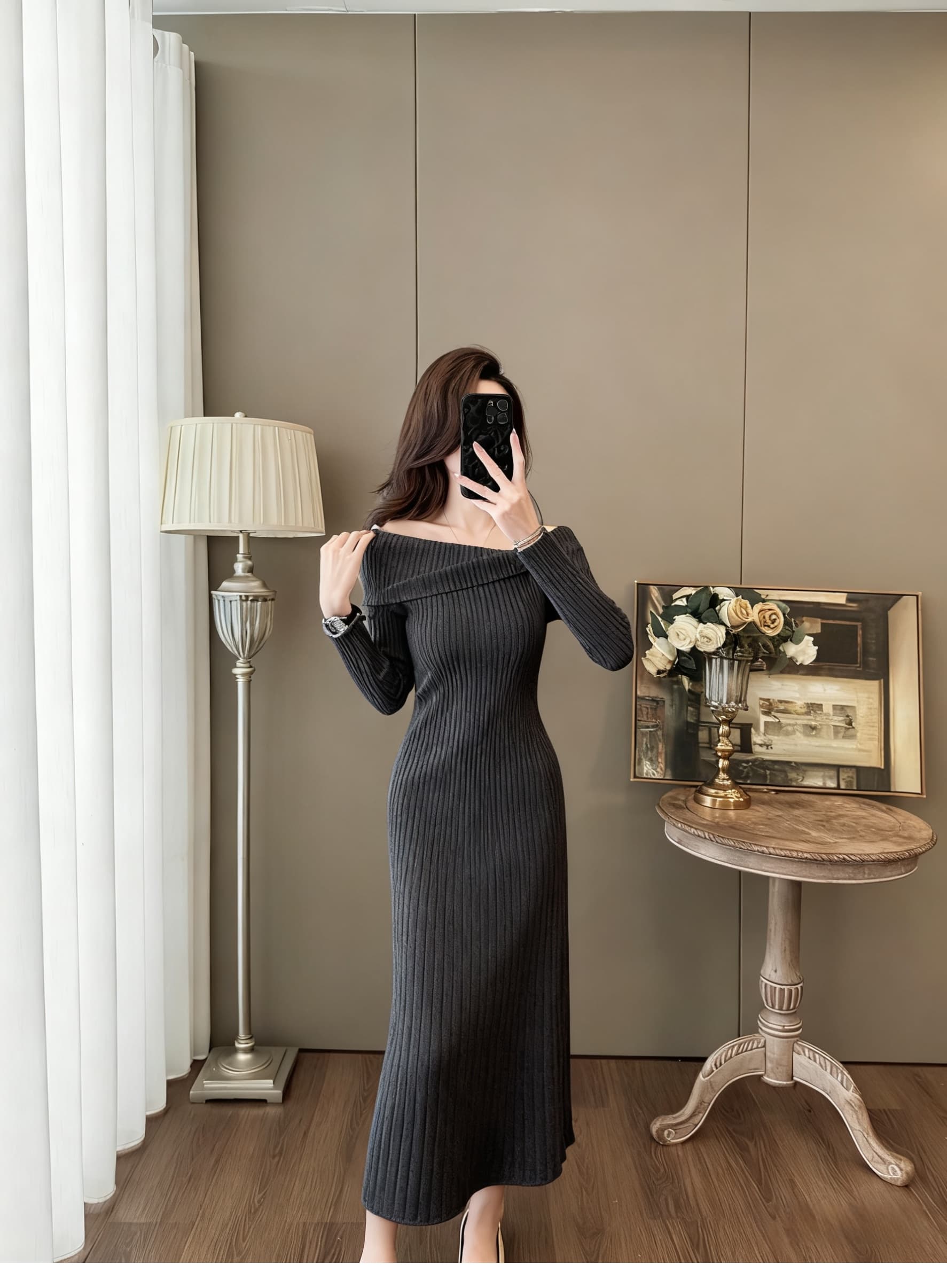 프랑스식 니트 드레스 가을 겨울 오프숄더 보트넥 꽃 핀치 Pleat 슬림해 보이는 품격 우아함 바람 디자인 센스 롱 스커트 상세 이미지 17