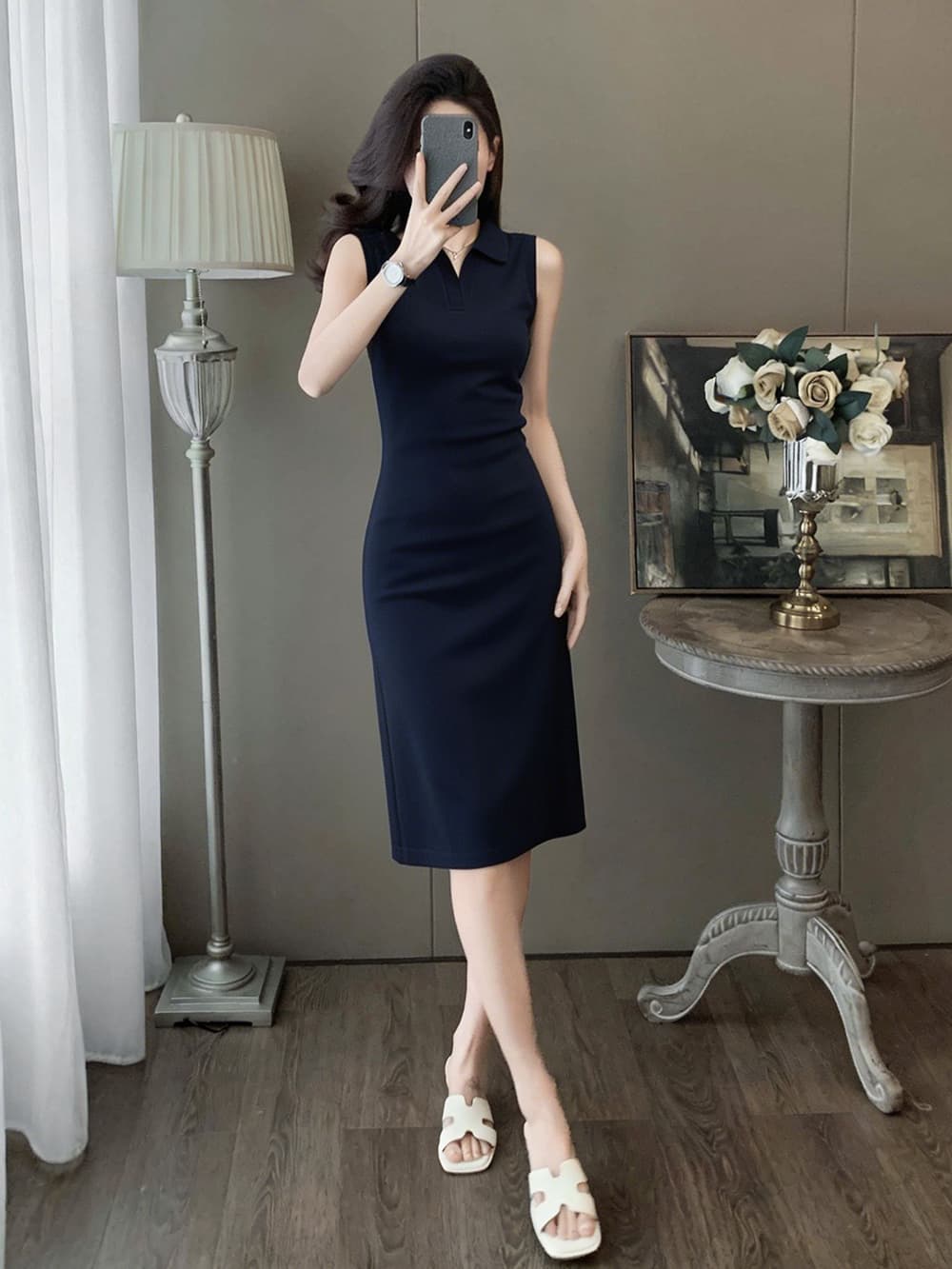 민소매 POLO 칼라 여성 드레스 여름 몸매 가꾸기 허리 수축 슬림해 보이는 출퇴근 해군 중간 길이 스트레이트 타이트 스커트 이미지 5