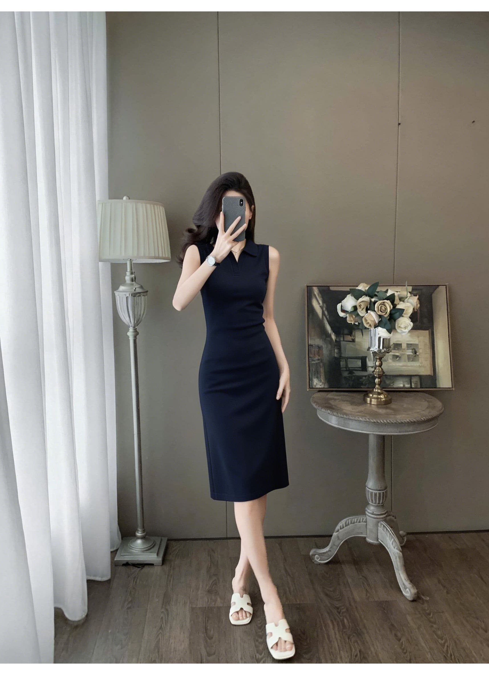 민소매 POLO 칼라 여성 드레스 여름 몸매 가꾸기 허리 수축 슬림해 보이는 출퇴근 해군 중간 길이 스트레이트 타이트 스커트 상세 이미지 3