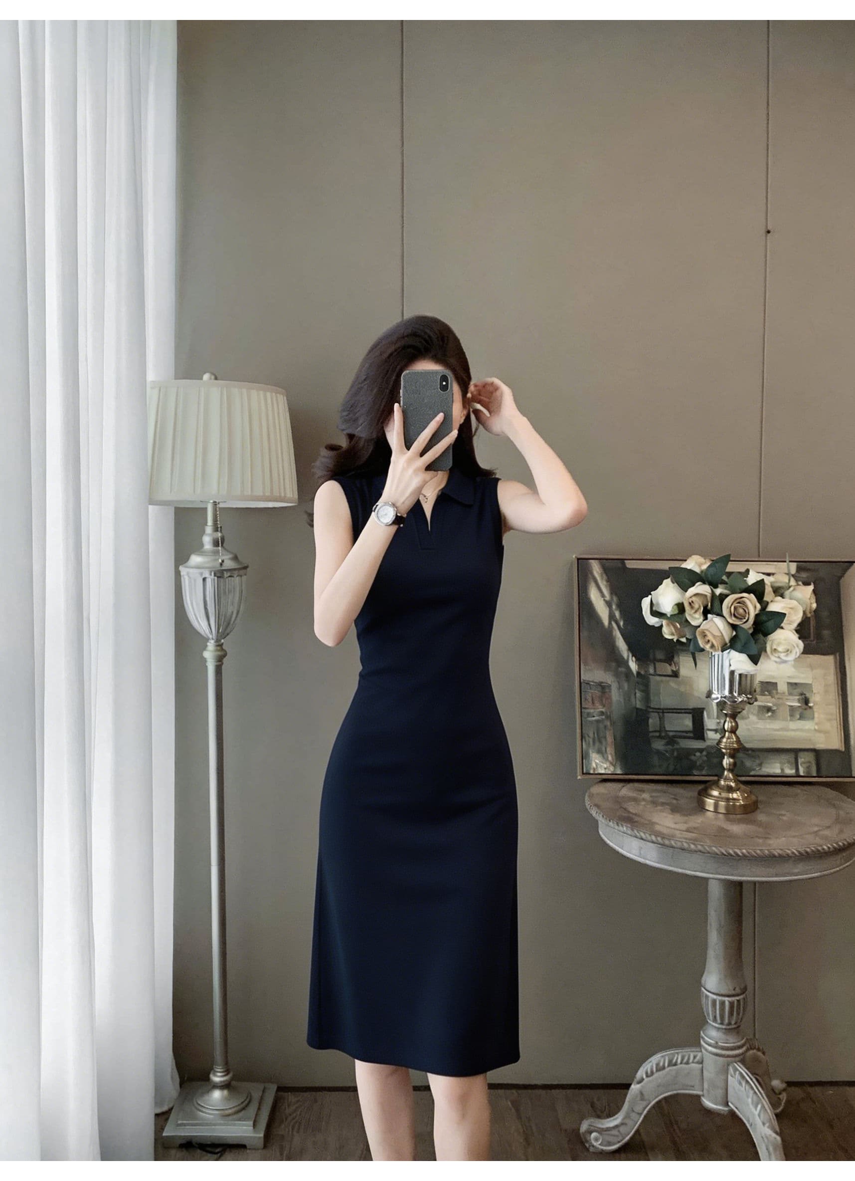 민소매 POLO 칼라 여성 드레스 여름 몸매 가꾸기 허리 수축 슬림해 보이는 출퇴근 해군 중간 길이 스트레이트 타이트 스커트 상세 이미지 9