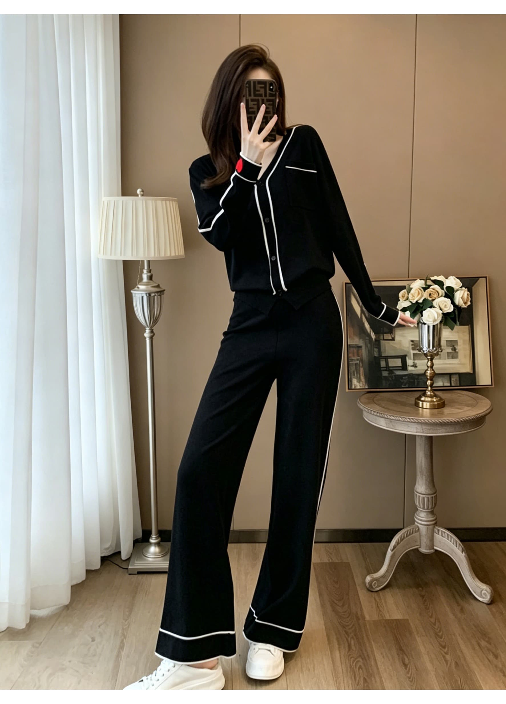 배색 흰색 가장자리 V넥 니트 오픈 가디건 세트 여성 붉은 마음 자수 긴팔 맨위 측면 기사 넓은 다리 길이 바지 투피스 세트 상세 이미지 4
