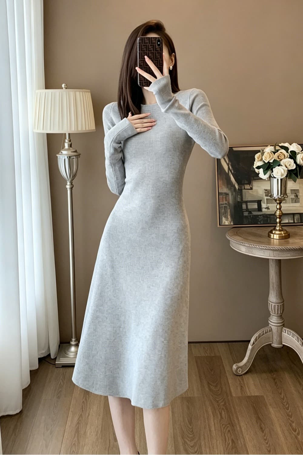 라운드 넥 수직 구덩이 기사 긴팔 니트 여성 드레스 몸매 가꾸기 허리 수축 도루 센스 한 마디 중간 길이 슬림해 보이는 만나는 롱 스커트 이미지 6