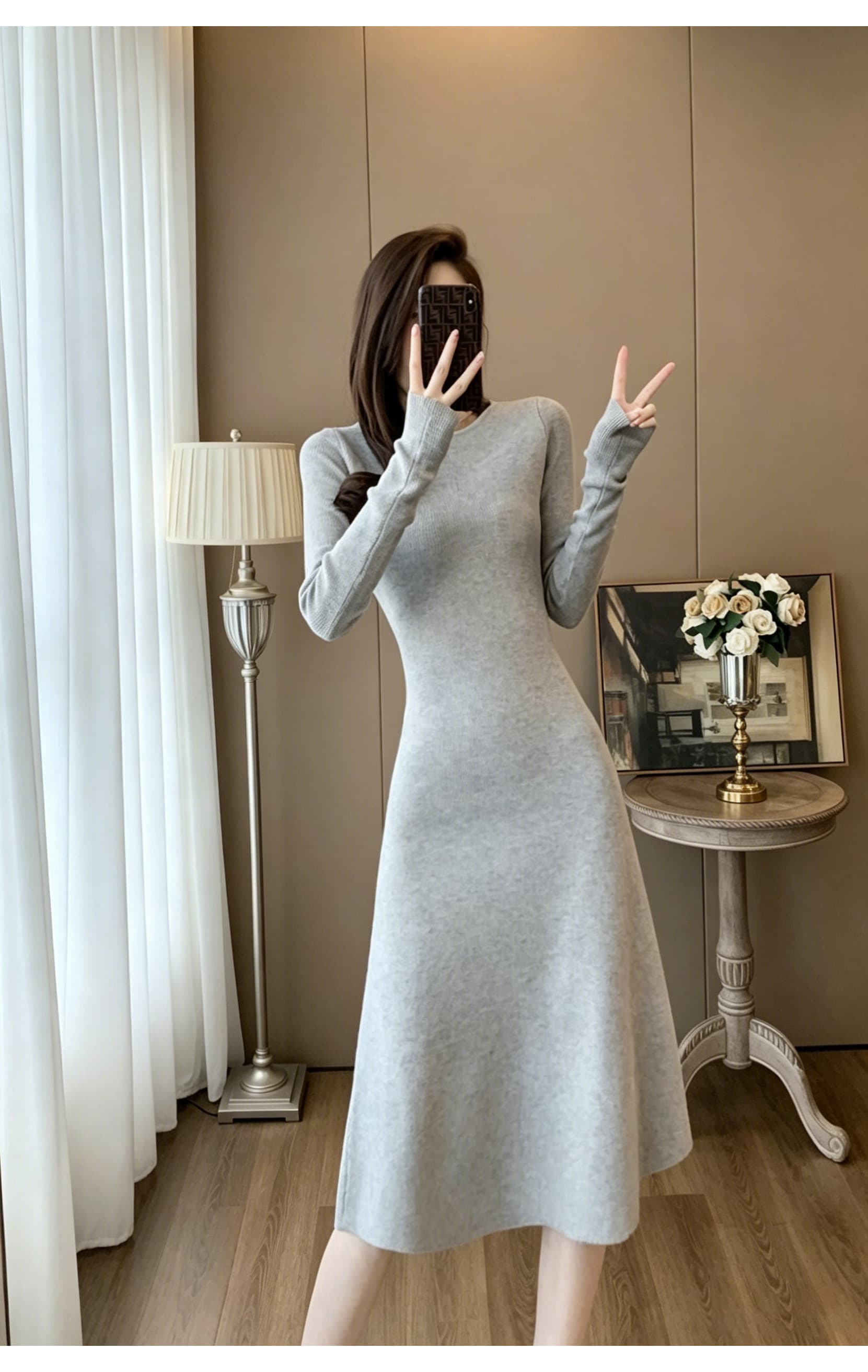 라운드 넥 수직 구덩이 기사 긴팔 니트 여성 드레스 몸매 가꾸기 허리 수축 도루 센스 한 마디 중간 길이 슬림해 보이는 만나는 롱 스커트 상세 이미지 7
