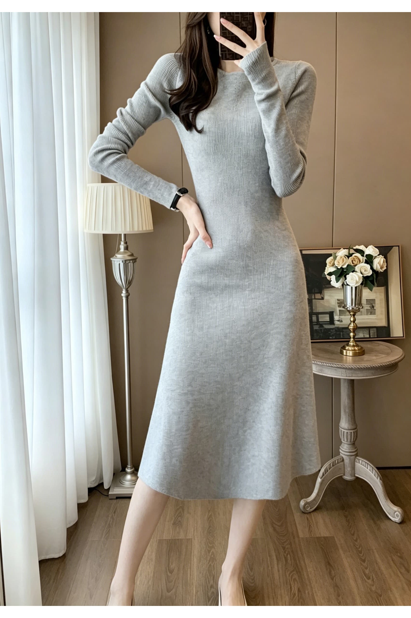 라운드 넥 수직 구덩이 기사 긴팔 니트 여성 드레스 몸매 가꾸기 허리 수축 도루 센스 한 마디 중간 길이 슬림해 보이는 만나는 롱 스커트 상세 이미지 9