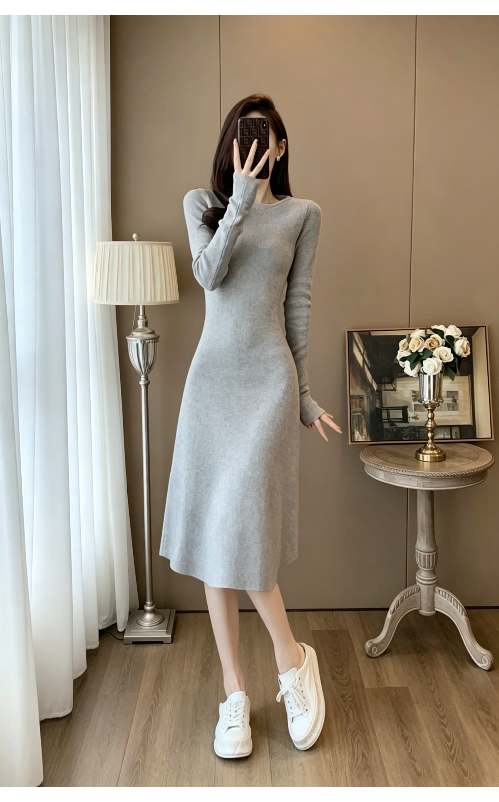 라운드 넥 수직 구덩이 기사 긴팔 니트 여성 드레스 몸매 가꾸기 허리 수축 도루 센스 한 마디 중간 길이 슬림해 보이는 만나는 롱 스커트 상세 이미지 11