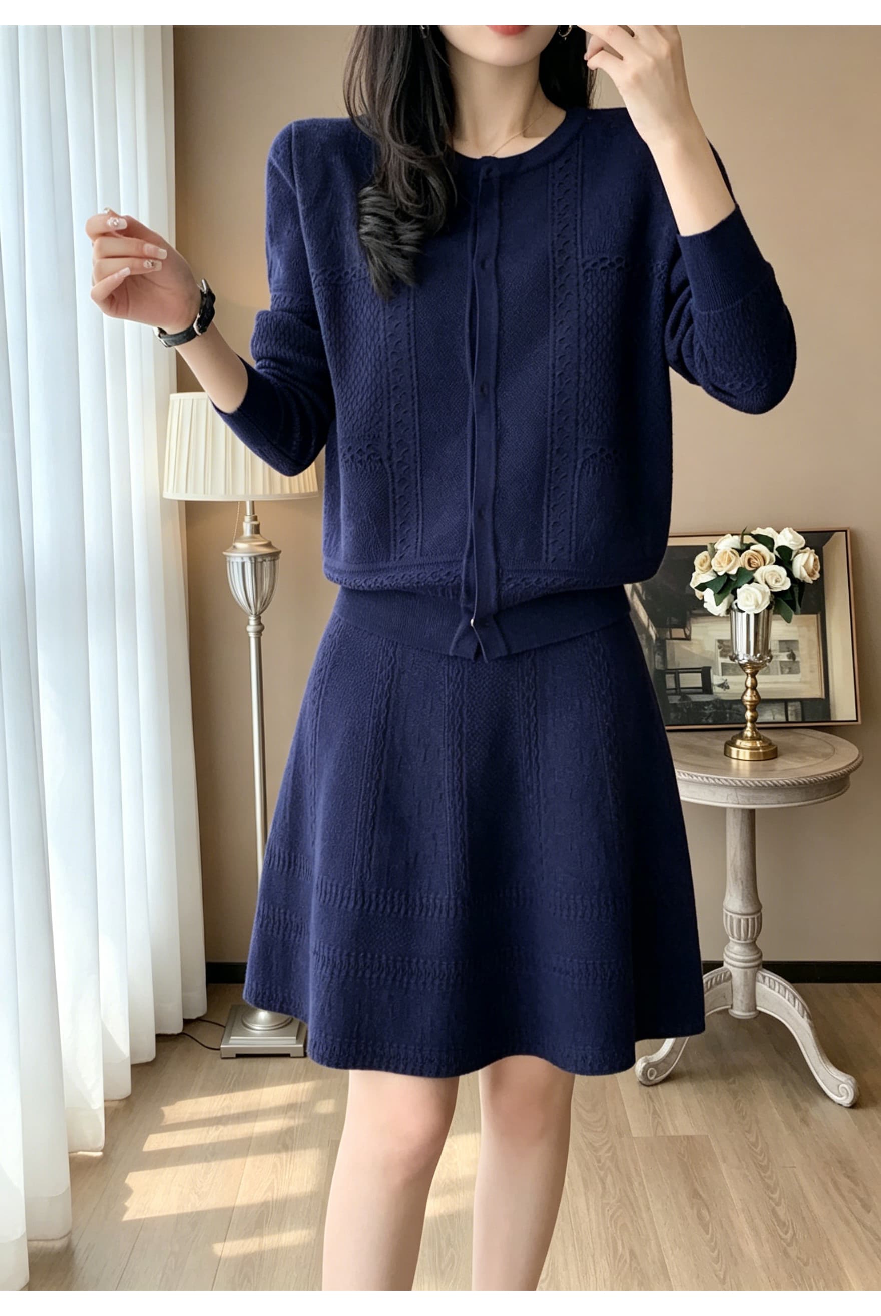 가을 라운드 넥 지퍼 긴팔 니트 오픈 가디건 여성 하이웨이스트 한 마디 우산 진자 반신 미니 스커트 품격 투피스 세트 세트 상세 이미지 21