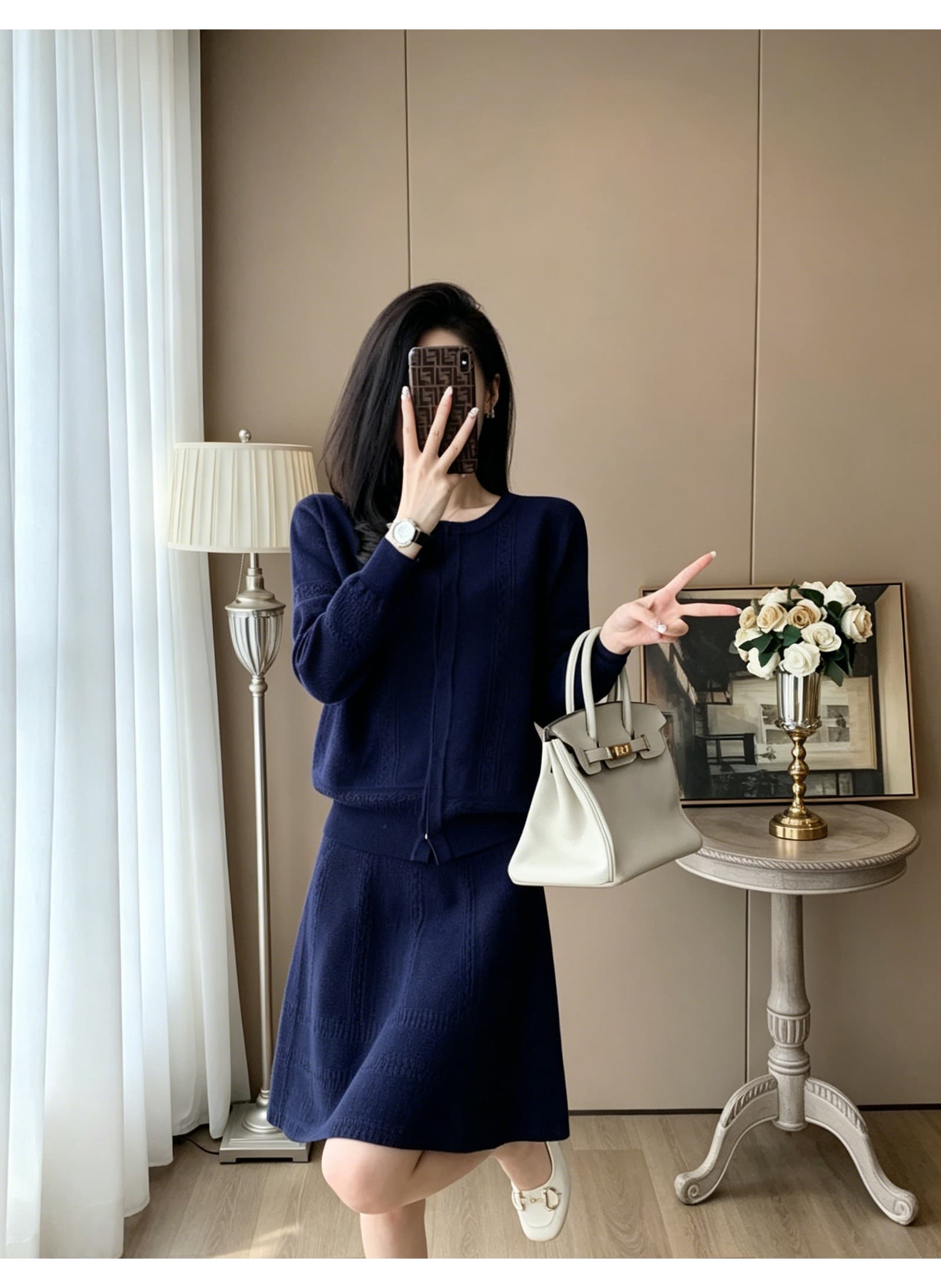 가을 라운드 넥 지퍼 긴팔 니트 오픈 가디건 여성 하이웨이스트 한 마디 우산 진자 반신 미니 스커트 품격 투피스 세트 세트 상세 이미지 11