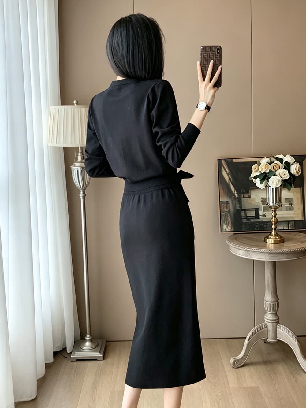 한 부서 미니멀리즘 니트 치마 측면 매듭이 달린 허리 수축 긴팔 오픈 가디건 허리밴드 막대기 가방 중간 길이 반 스커트 투피스 세트 이미지 4