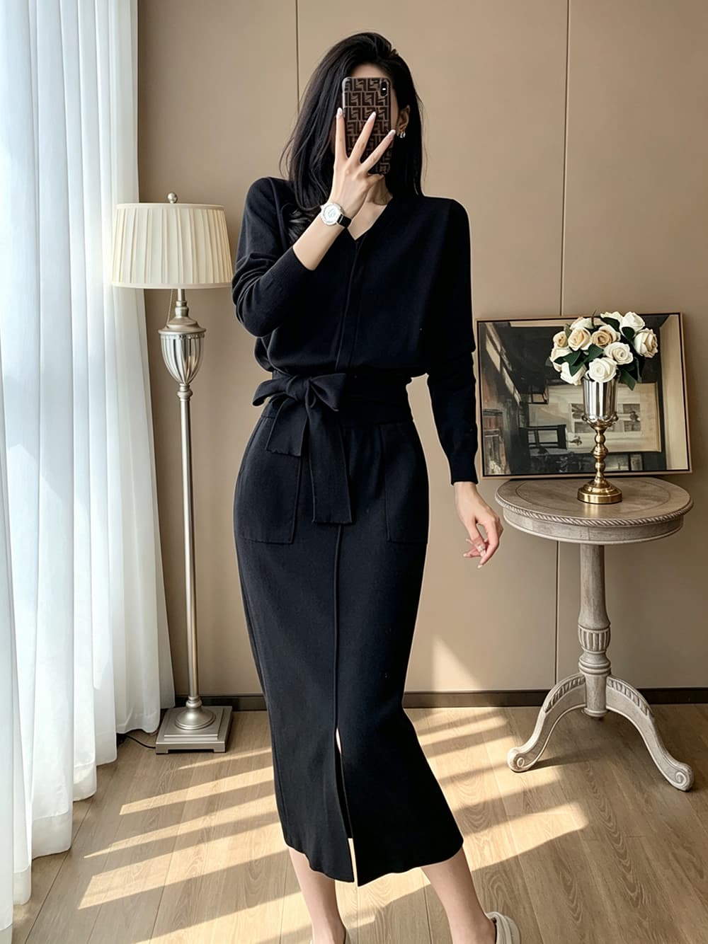 한 부서 미니멀리즘 니트 치마 측면 매듭이 달린 허리 수축 긴팔 오픈 가디건 허리밴드 막대기 가방 중간 길이 반 스커트 투피스 세트