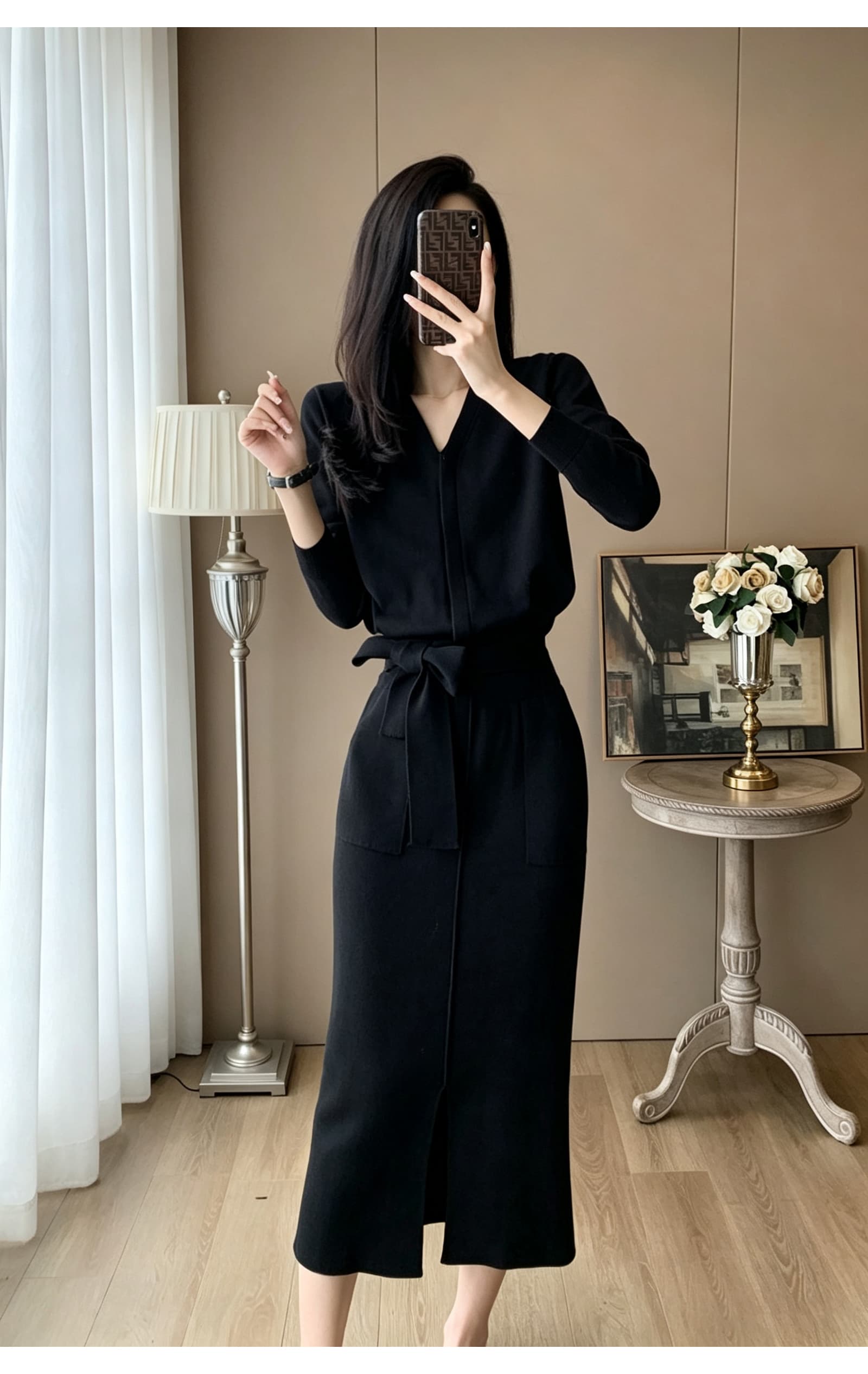 한 부서 미니멀리즘 니트 치마 측면 매듭이 달린 허리 수축 긴팔 오픈 가디건 허리밴드 막대기 가방 중간 길이 반 스커트 투피스 세트 상세 이미지 6
