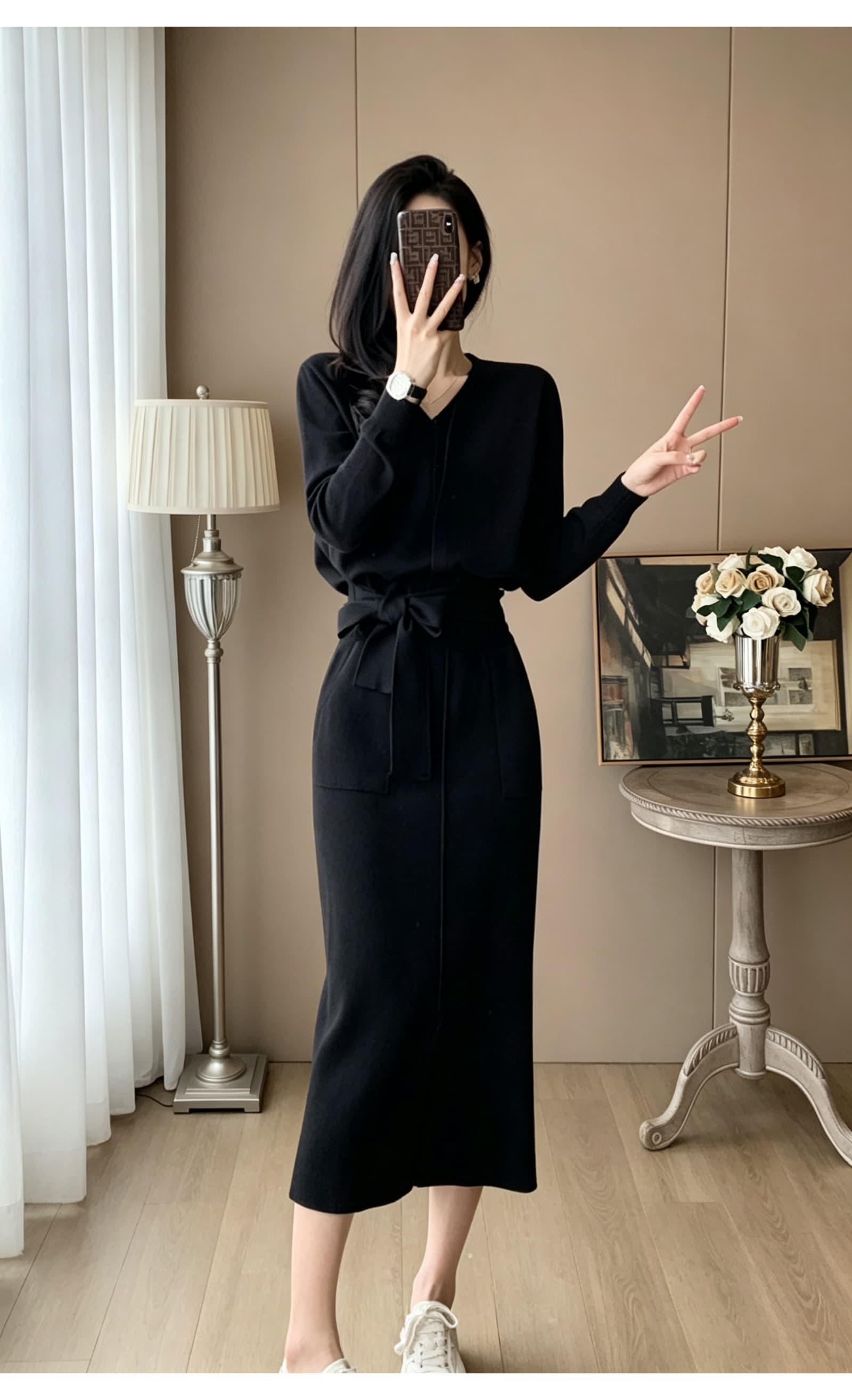 한 부서 미니멀리즘 니트 치마 측면 매듭이 달린 허리 수축 긴팔 오픈 가디건 허리밴드 막대기 가방 중간 길이 반 스커트 투피스 세트 상세 이미지 10