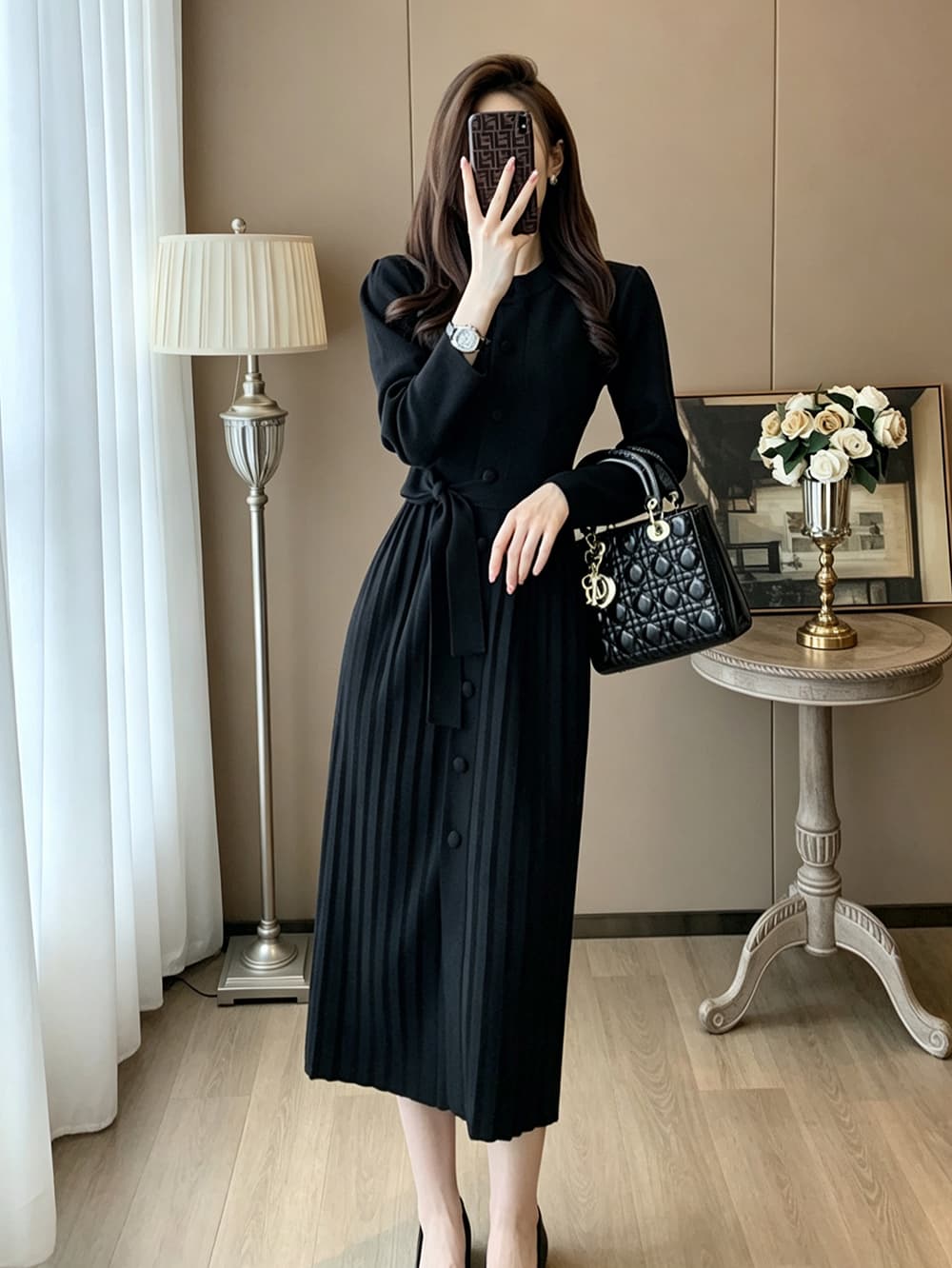 라운드 넥 싱글 줄 버튼 긴팔 니트 여성 드레스 가을 허리 수축 스트랩 플리츠 도루 센스 무릎 아래 중간 길이 기본 스커트 이미지 4
