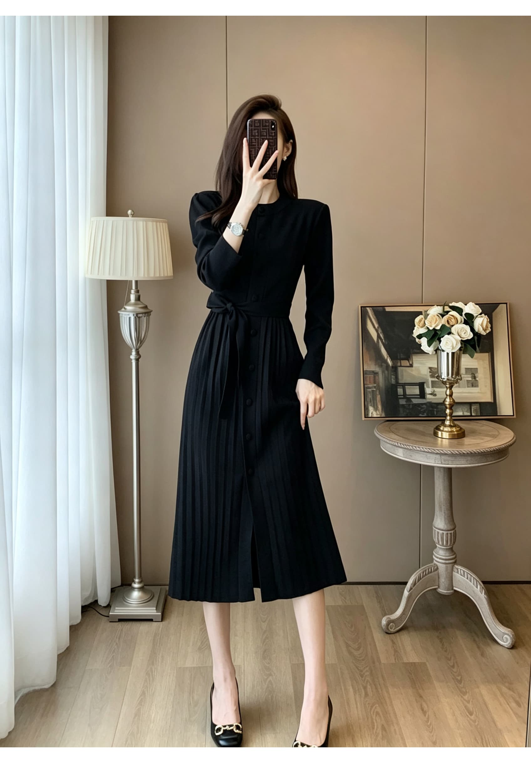 라운드 넥 싱글 줄 버튼 긴팔 니트 여성 드레스 가을 허리 수축 스트랩 플리츠 도루 센스 무릎 아래 중간 길이 기본 스커트 상세 이미지 5